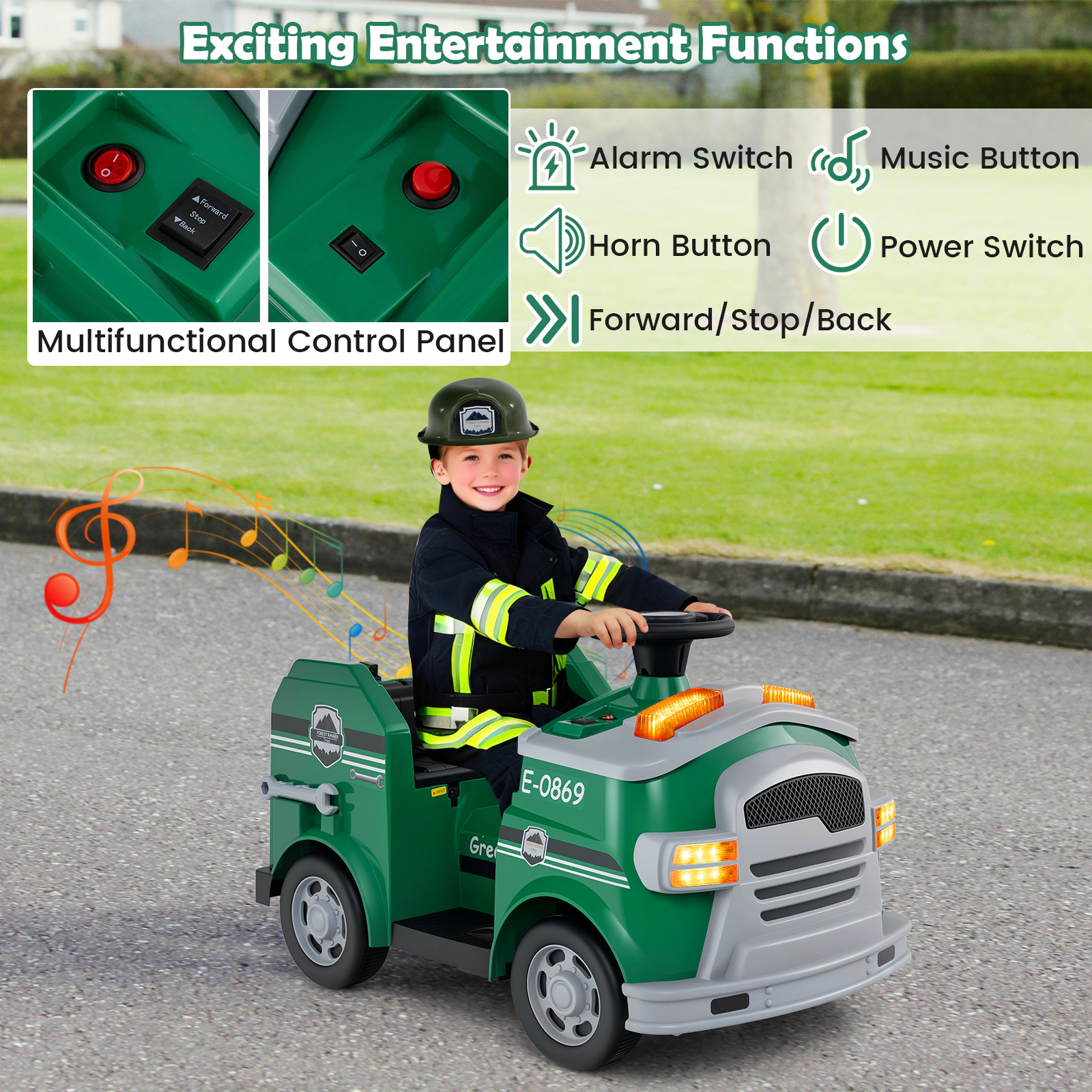 12V Kids Ride On Fire Truck with Toy Extinguisher Shovel Wrench Ladder and Alarm Horn for Ages 37-95 Months Electric Car