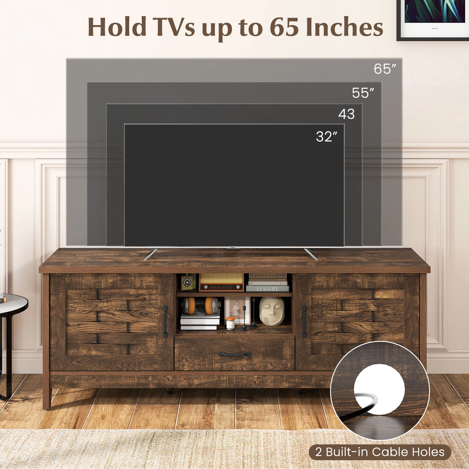 Glintex 59-Inch Farmhouse TV Stand with Woven Accent Doors and Drawer