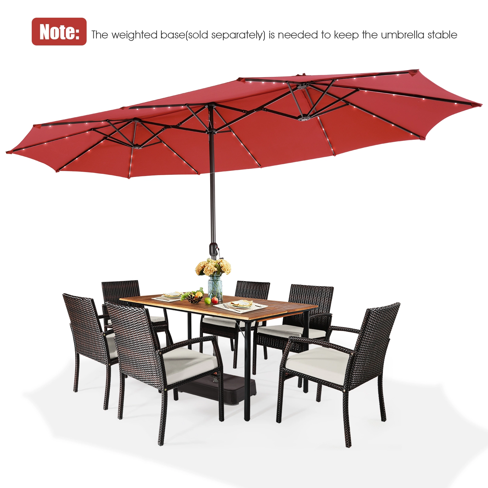 SUGIFT Double-Side 15.4-in Twin Patio Umbrella with 48 Solar LED Lights and Hand-Crank System Dark Red