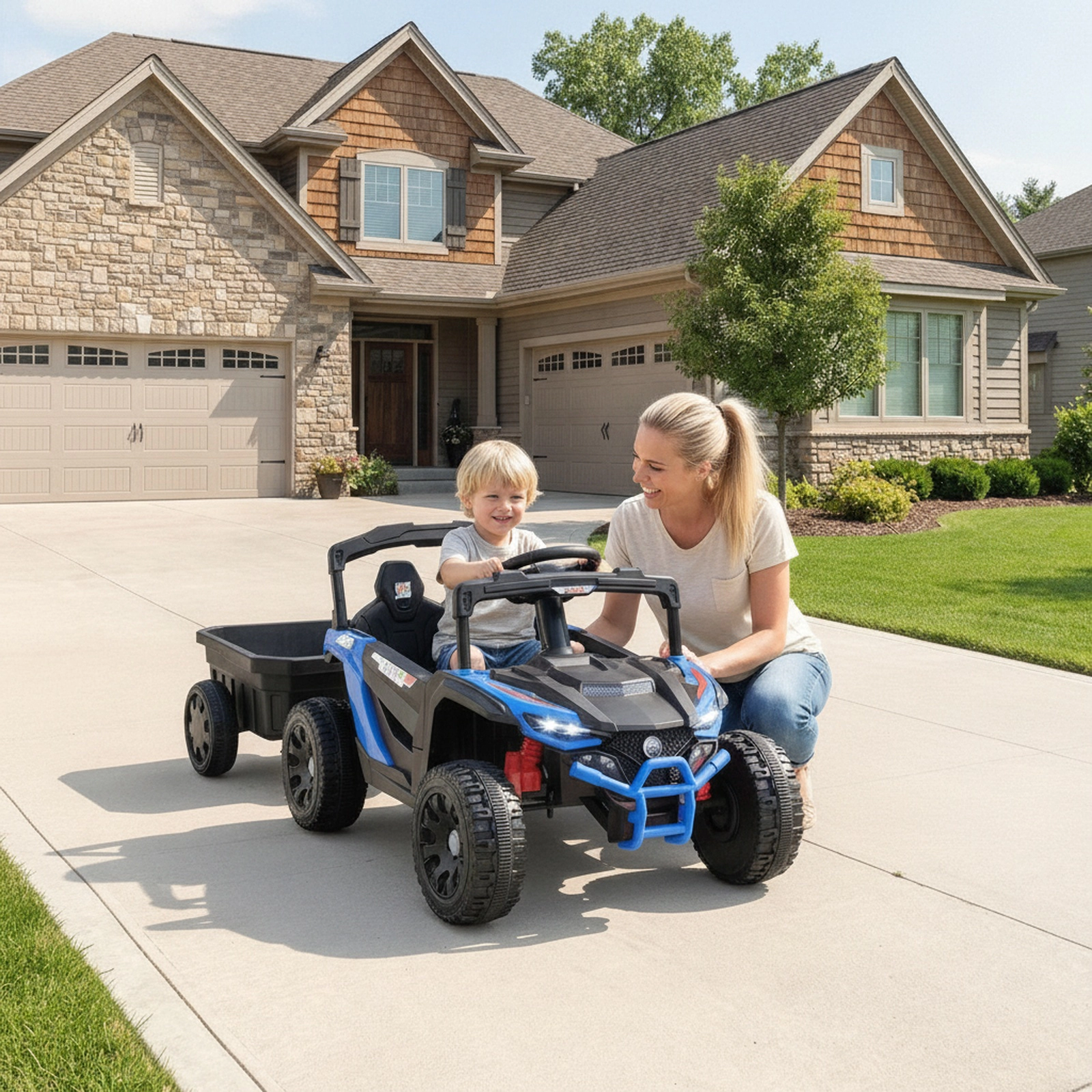 12V Kids Ride On Tractor with Detachable Trailer Parent Remote LED Headlights and Seat Belt Ages 3+ Black and Blue