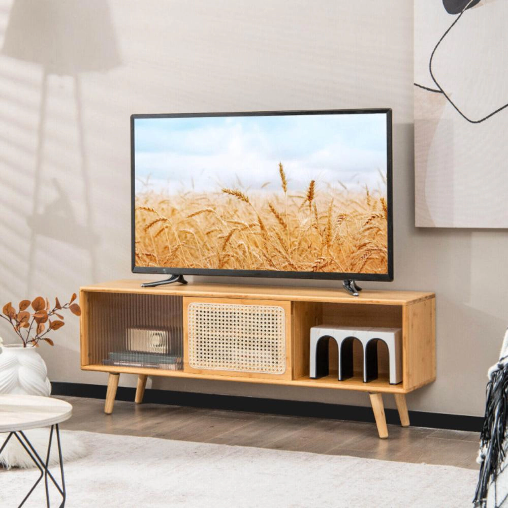 Hivvago Modern Tv Stand With Rattan Glass Sliding Doors-Natural