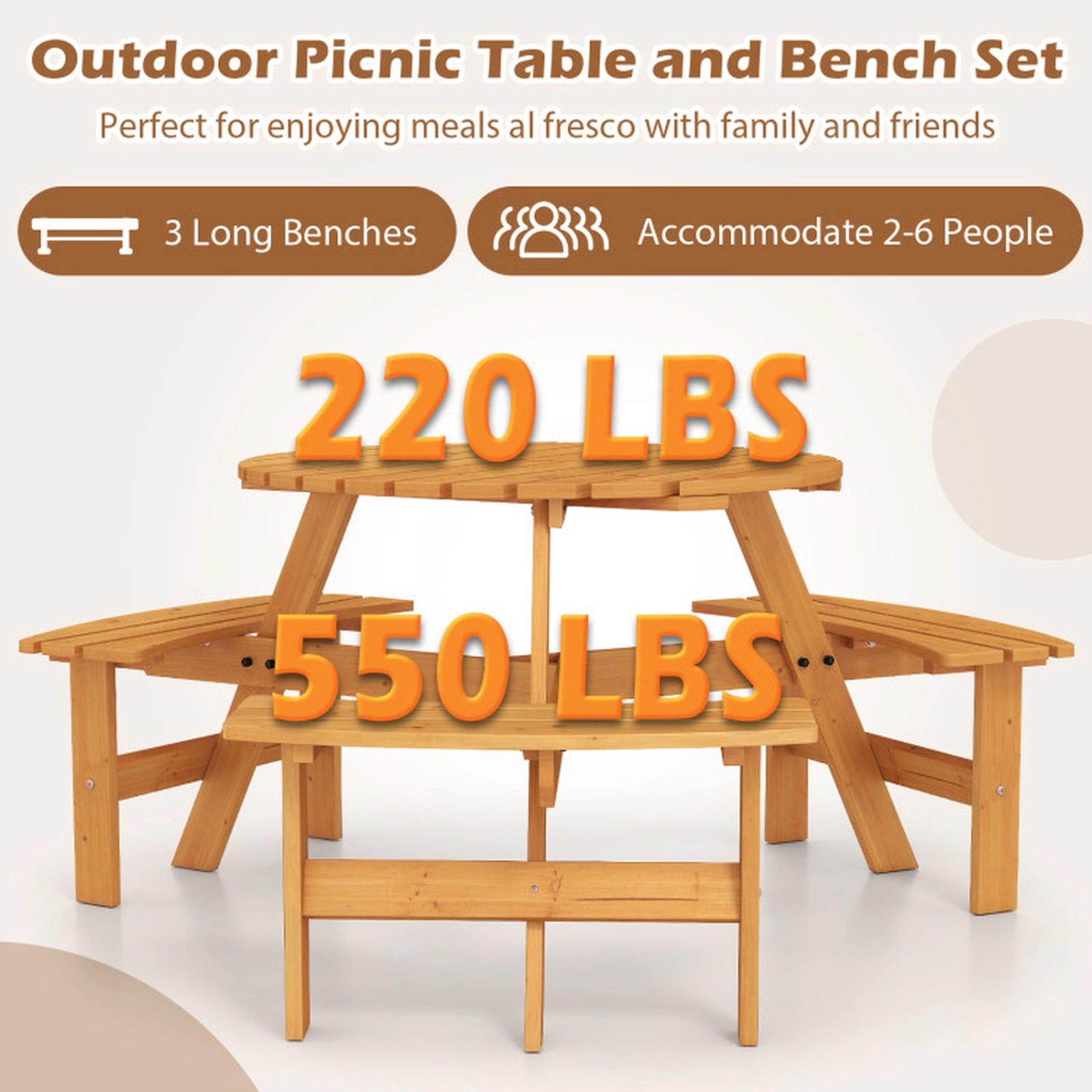 SUGIFT 6-Person Round Fir Wood Picnic Table Set with 3 Benches 220-lb Table 550-lb Benches 36-in Top Brown/Yellow