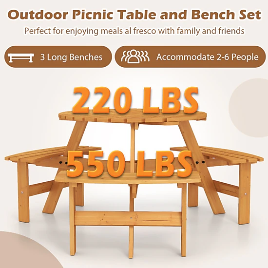 SUGIFT 6-Person Round Fir Wood Picnic Table Set with 3 Benches 220-lb Table 550-lb Benches 36-in Top Brown/Yellow