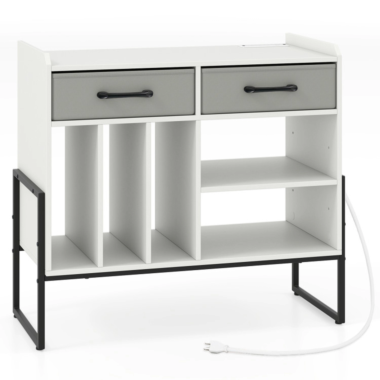 SUGIFT White 30-Inch Mid-Century Record Player Stand with Vinyl Storage and Charging Station