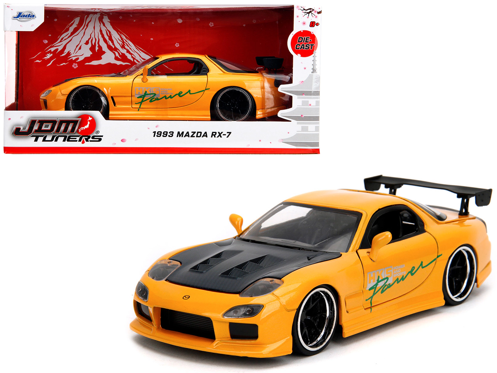 Jada 1993 Mazda RX-7 "HKS Power" Yellow with Carbon Hood "JDM Tuners" Series 1/24 Diecast Model Car by Jada