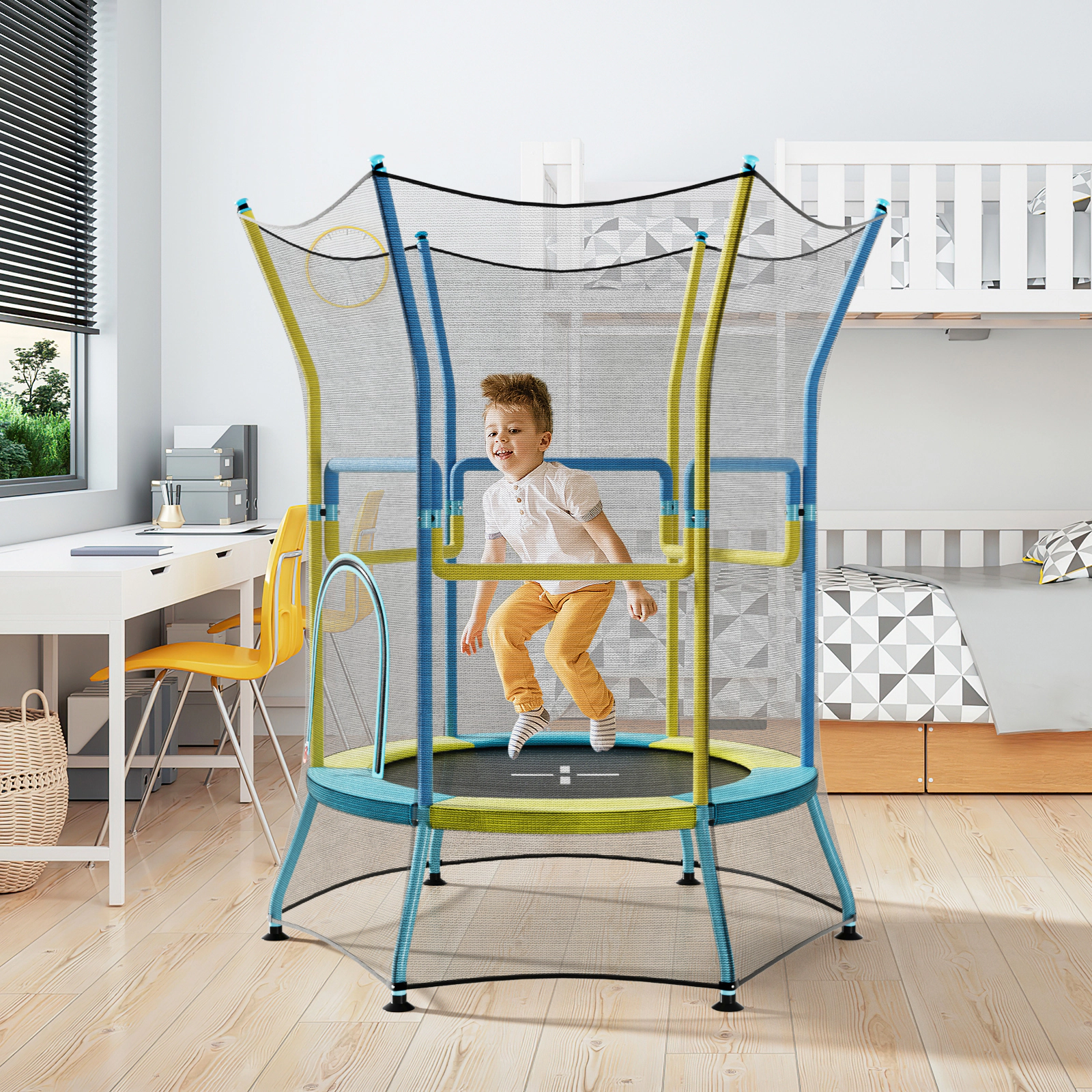 SUGIFT Mini Trampoline for Kids with Safety Enclosure Net, Foam Handles and Zipper Door 180-lb Capacity Ages 3-6 Yellow