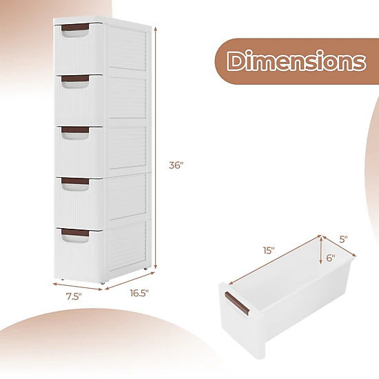 SUGIFT 5-Drawer Rolling Storage Cabinet Organizer Built-In Wheels 11-lb Top Capacity 16.5-in Wide White/Multicolor