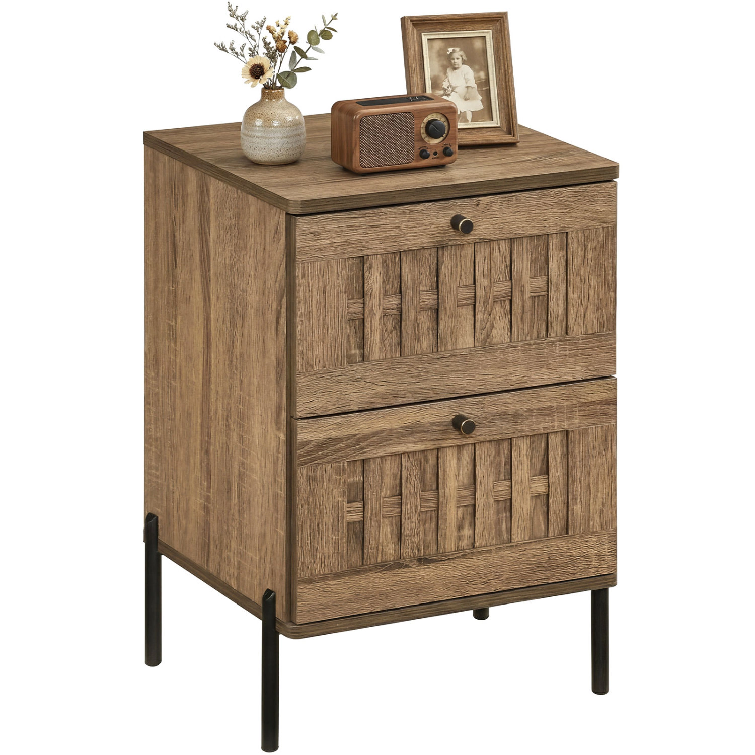Glintex Mid-Century Nightstand with Woven Drawer Accents and Heavy-Duty Metal Legs, Oak