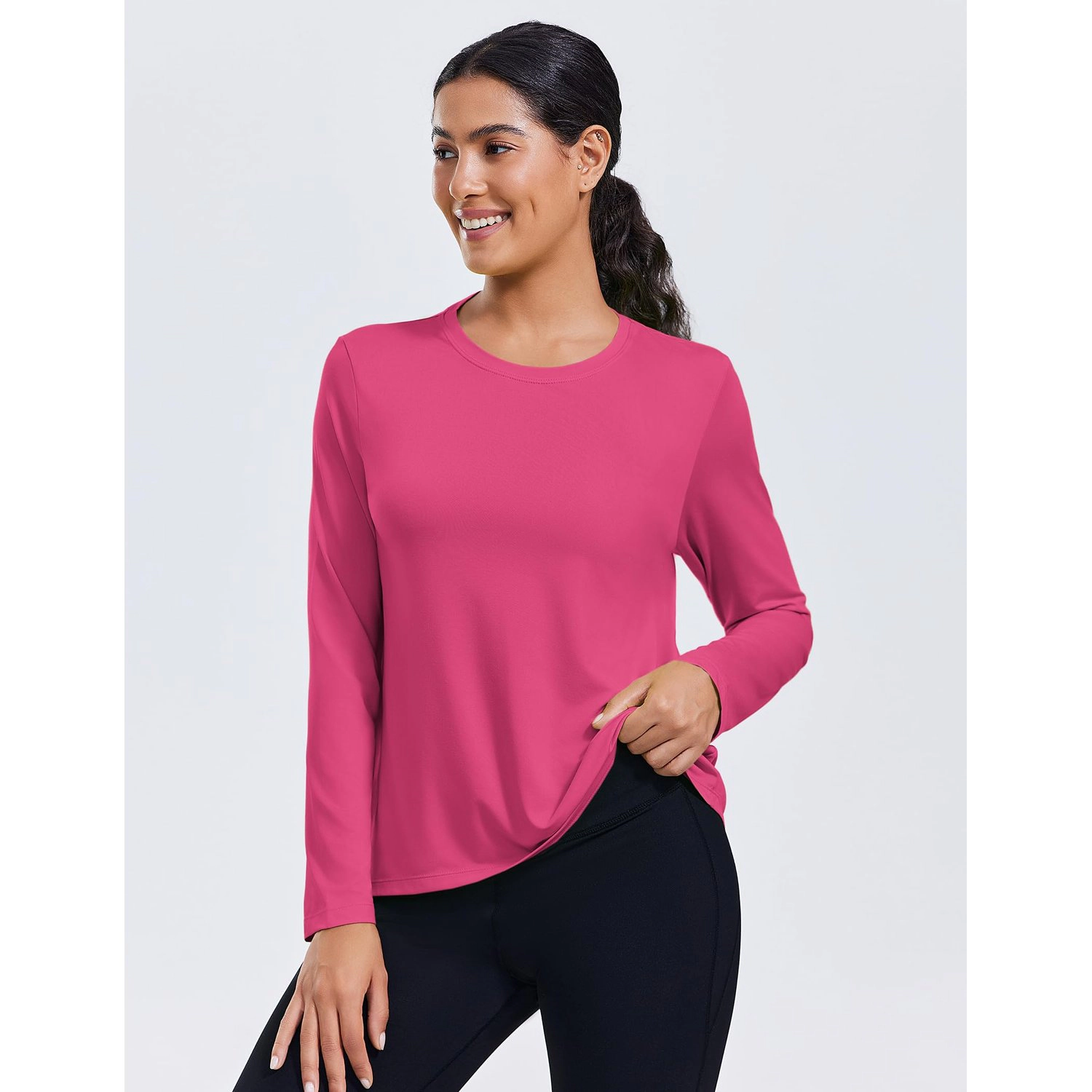 Pinspark Womens Long Sleeve Pleated Back Tunic Tops Fall Crew Neck Solid Casual Tees