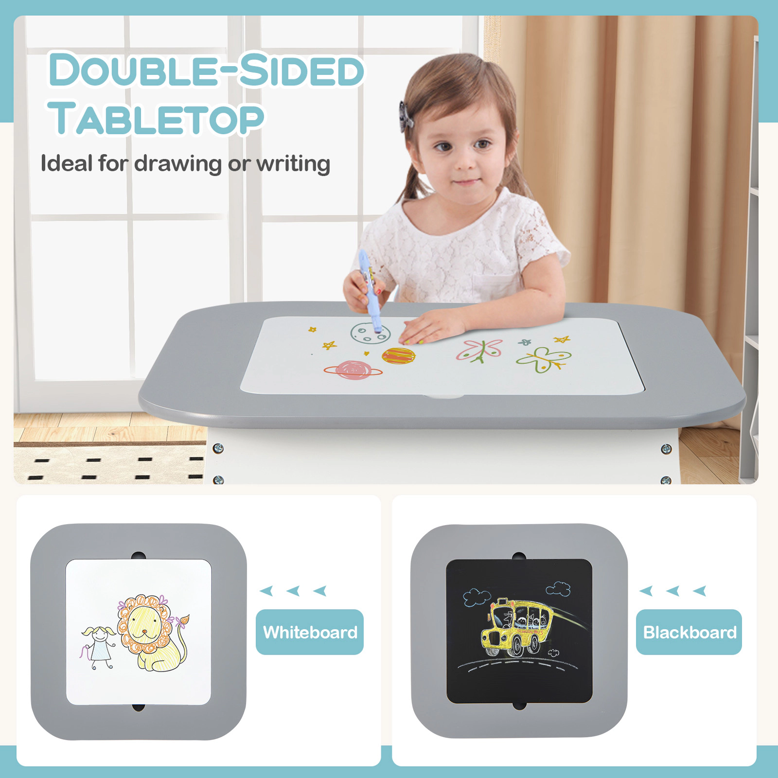 SUGIFT Double-Sided Kids Table and 2 Chair Set 19.5-in Tall 44-lb Table 66-lb Chairs Ages 3-6 Natural/Gray