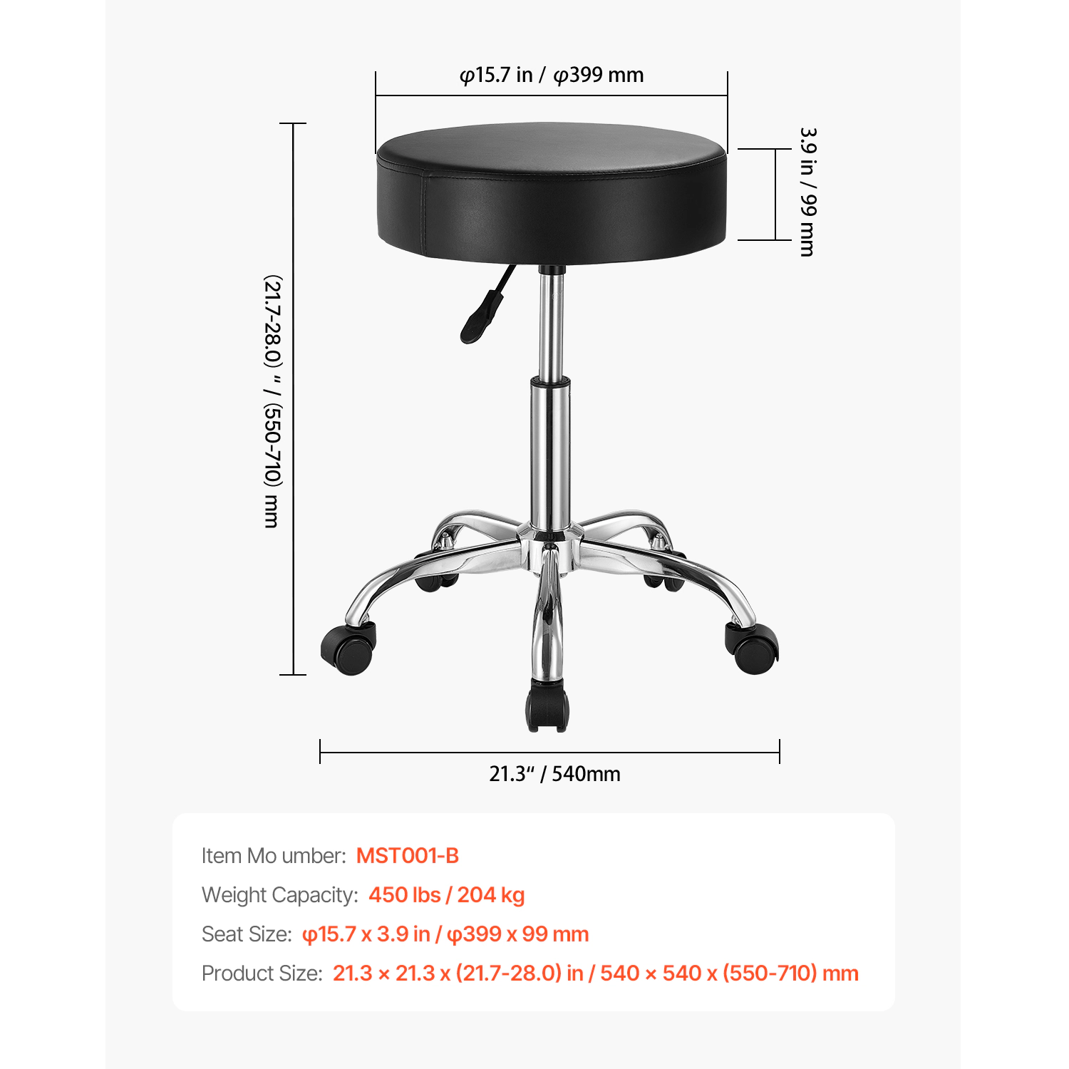 HONGGE Rolling Stool with Wheels 450 LBS Weight Capacity Round Rolling Stool Chair Height Adjustable Thickened PU