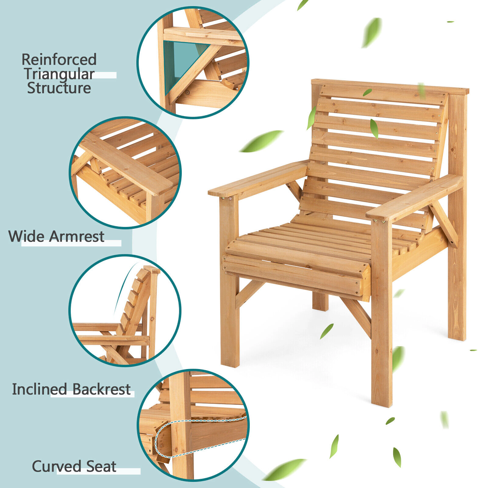 SUGIFT Natural Solid Fir Wood Outdoor Dining Armchair with Inclined Backrest 26-in W 26-in D 35-in H