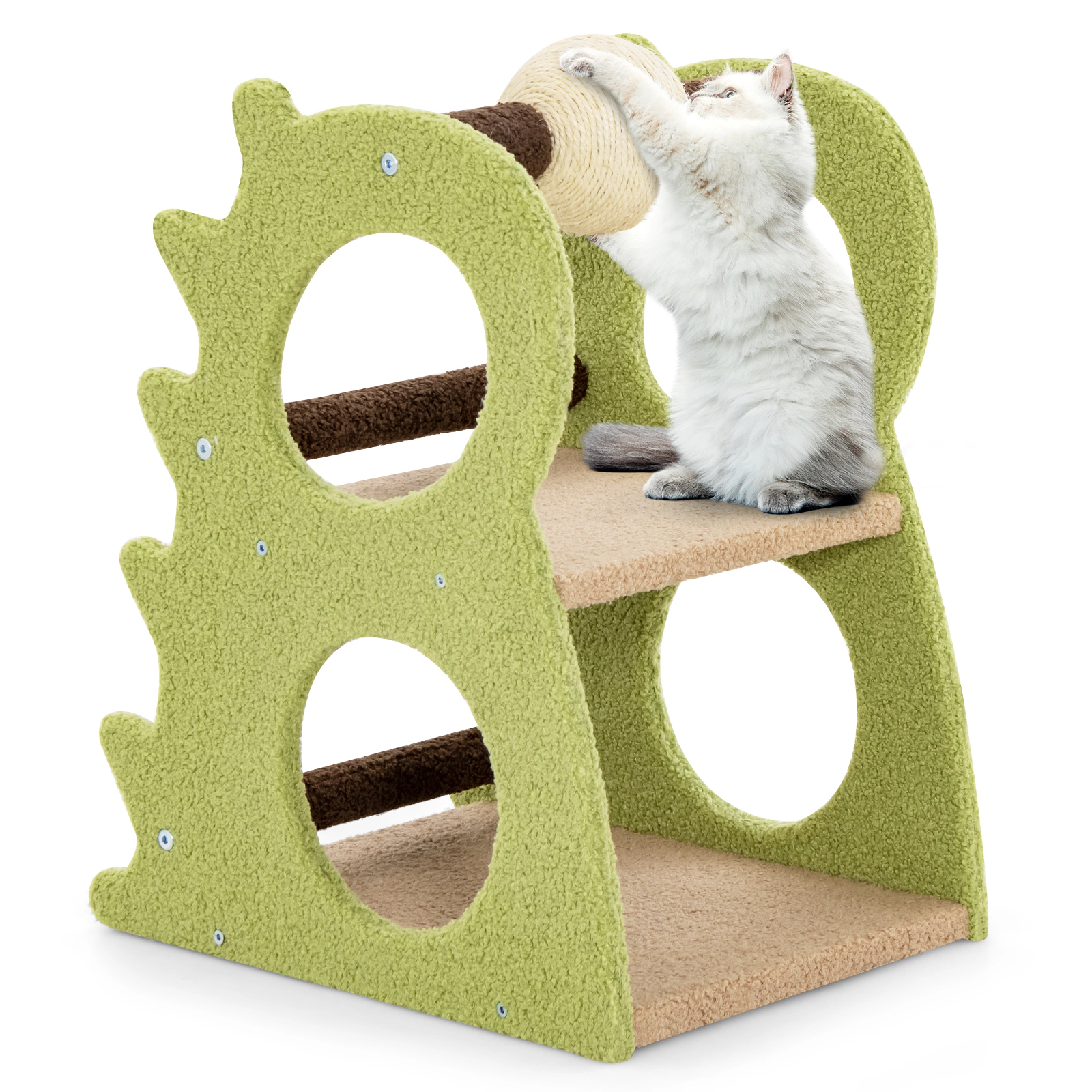 SUGIFT 2-Tier Modern Cat Tree for Indoor Cats with Rotatable Sisal Scratching Ball 22-lb Capacity Green+Beige