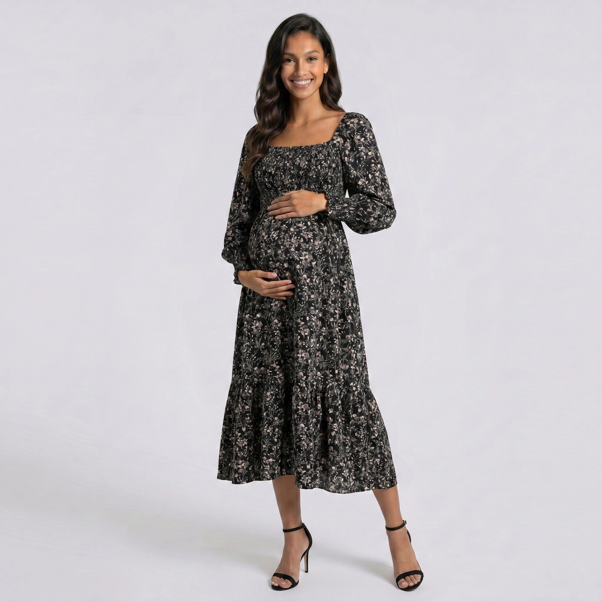 Anna-Kaci Women's Maternity Floral Square Neck Long Sleeve Smocked Bodice Midi Dress