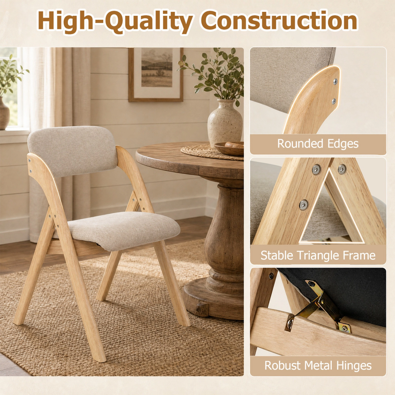 SUGIFT Folding Rubber Wood Dining Chairs Set of 4 with Linen Cushion 330-Lb Capacity Natural and Khaki