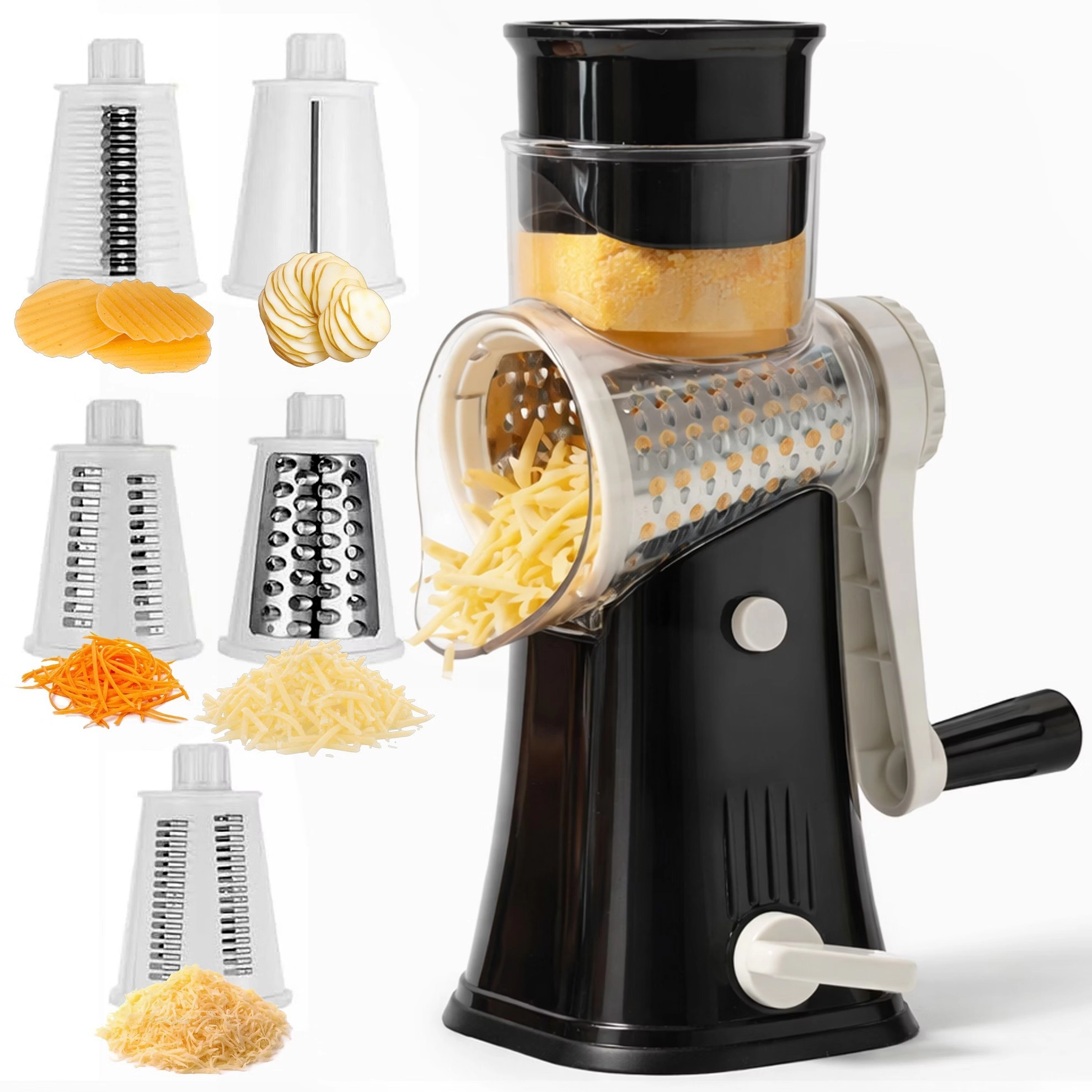 Luminuxe Rotary Cheese Grater w/ Handle, Manual Cheese Shredder Strong Suction Base. Kitchen Mandoline Vegetable Slicer