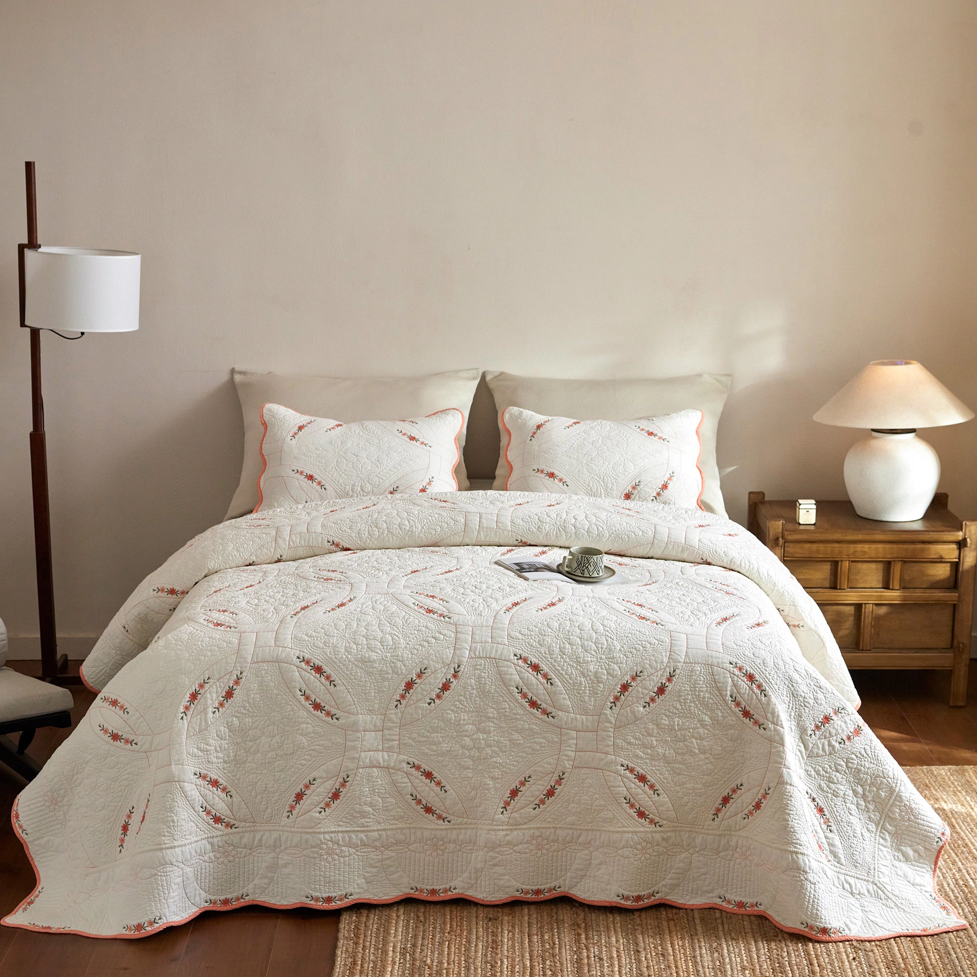 MarCielo 3 Piece 100% Cotton French Country Floral Embroidered Quilt Bedspread Set