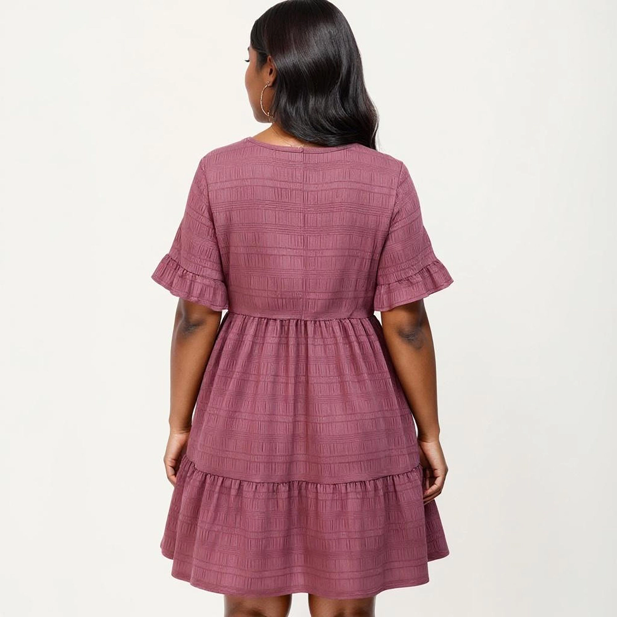 Anna-Kaci Women's Plus Short Sleeve Textured Crew Neck Tiered Skirt Ruffle Detail Dress