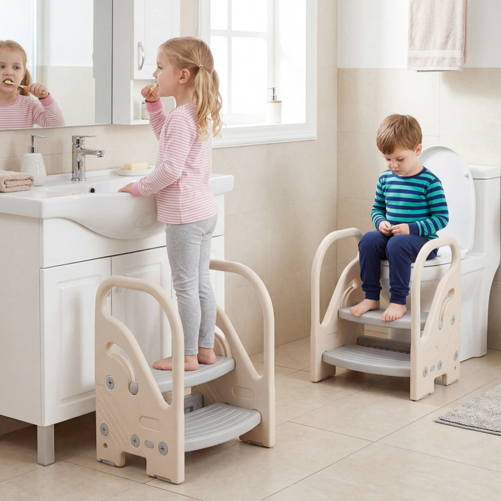 SUGIFT Adjustable 2-Step Kids Step Stool with Safety Handles and Non-Slip Pads for Bathroom and Bedroom