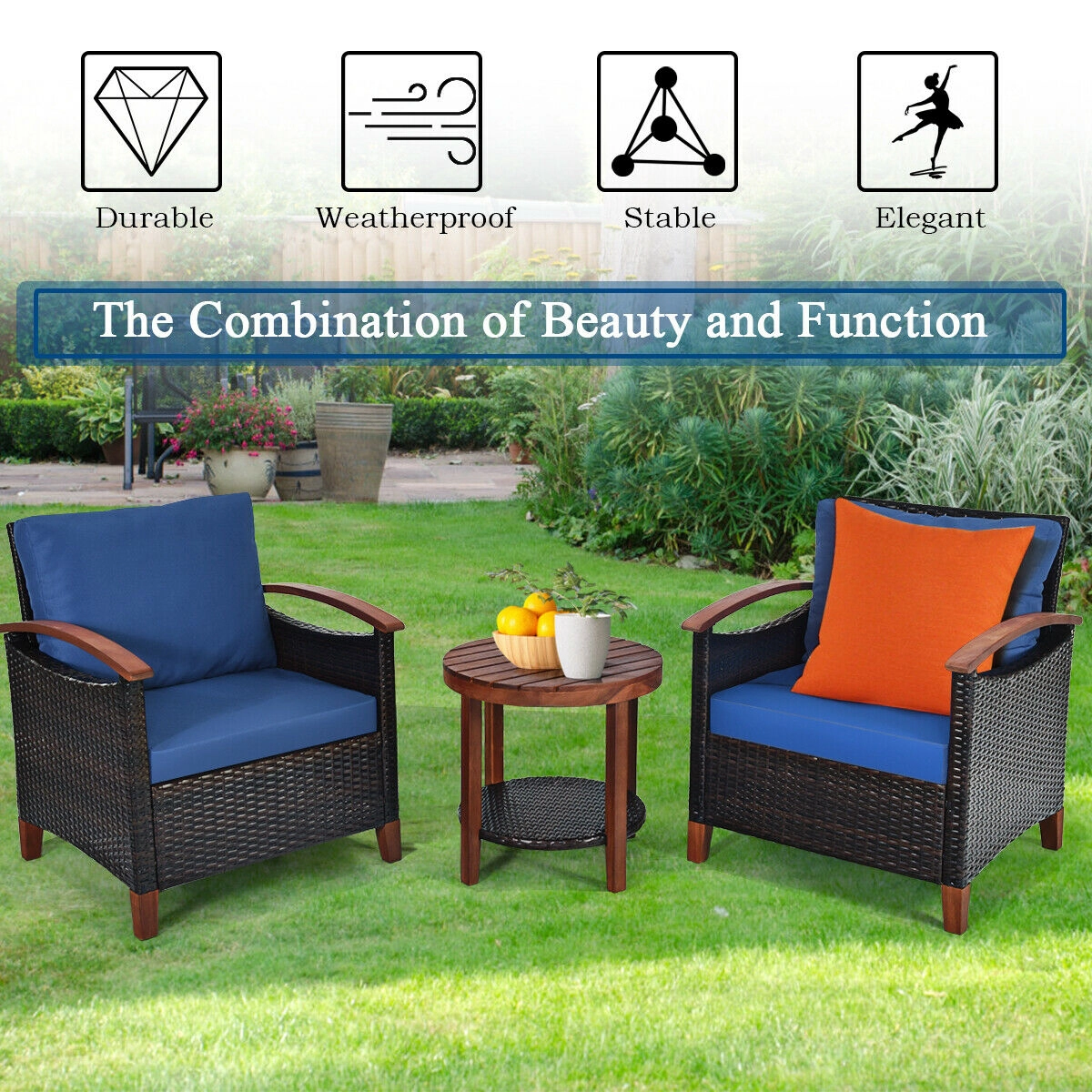 SUGIFT Blue Acacia Wood Tabletop and Washable Cushions 3-Piece Patio Rattan Chair Set