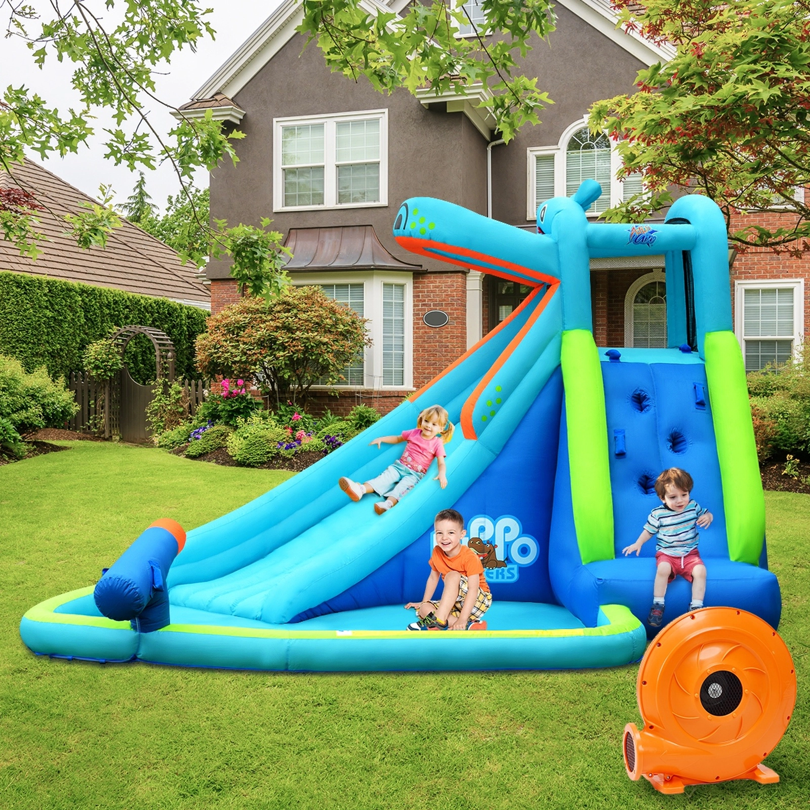 SUGIFT Blue Hippo Inflatable Water Slide Bounce House with Splash Pool Climbing Wall and 740W Blower