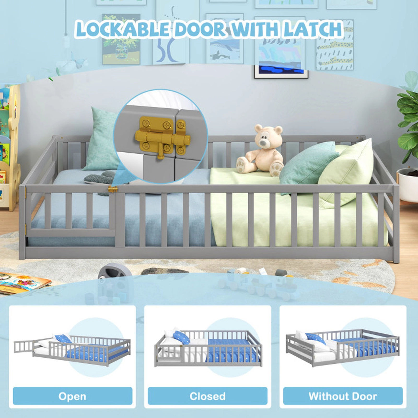 SUGIFT Full-Length Safety Guardrails and Lockable Door Pine Wood Full Kids Floor Bed