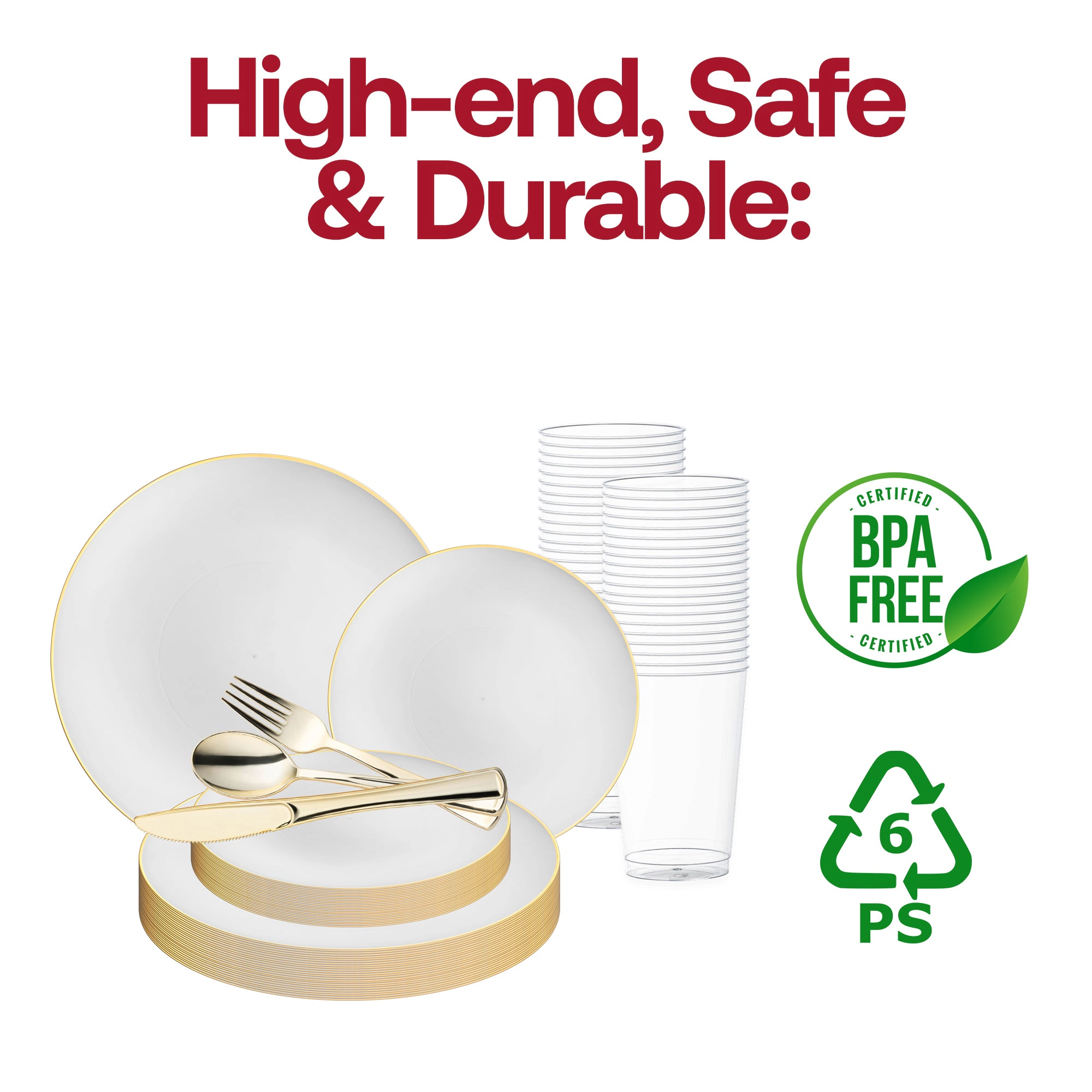 Smarty Had A Party White with Gold Rim Organic Round Disposable Plastic Wedding Value Set