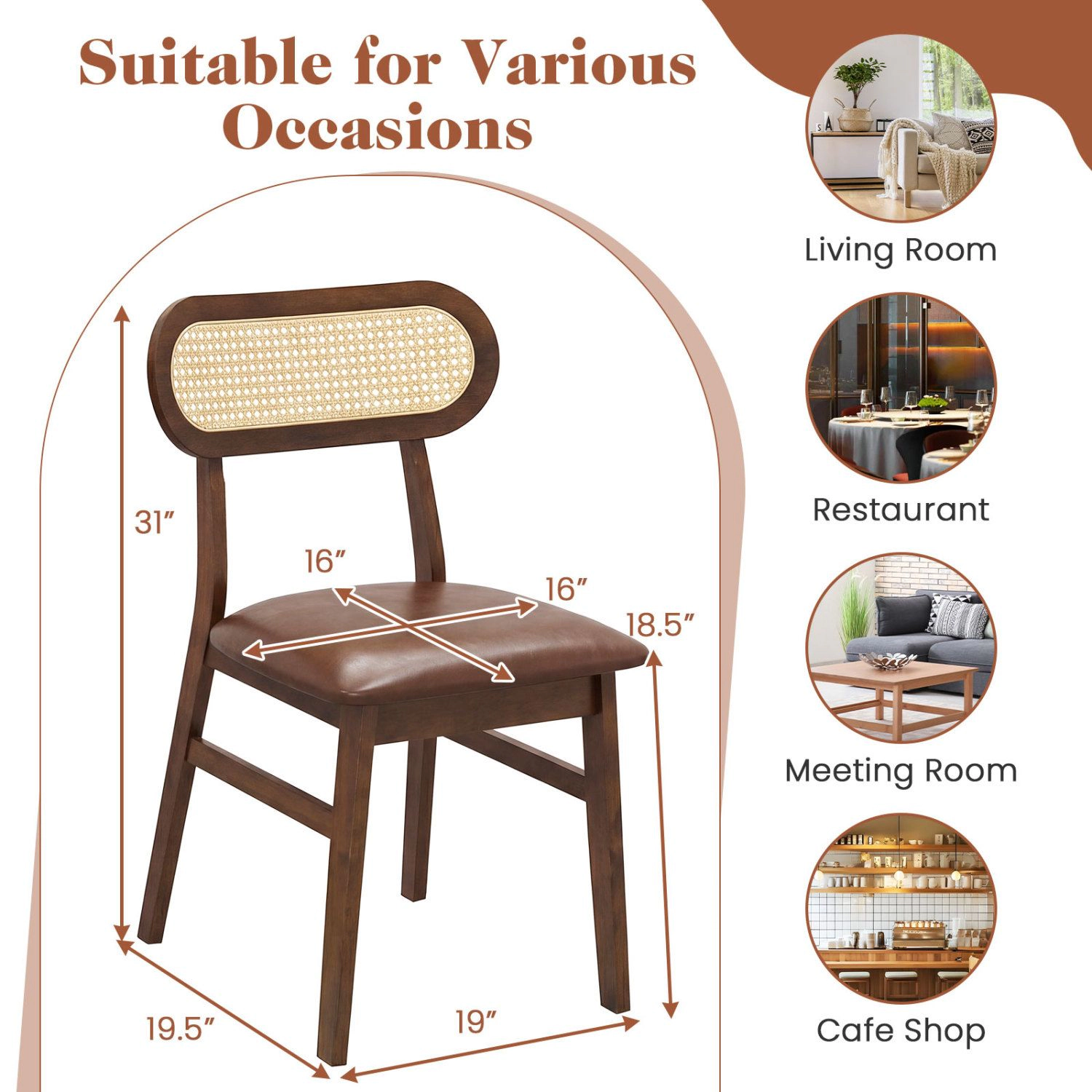 SlickBlue Set of 2 Dining Chairs with Rattan Backrest and PU Seat