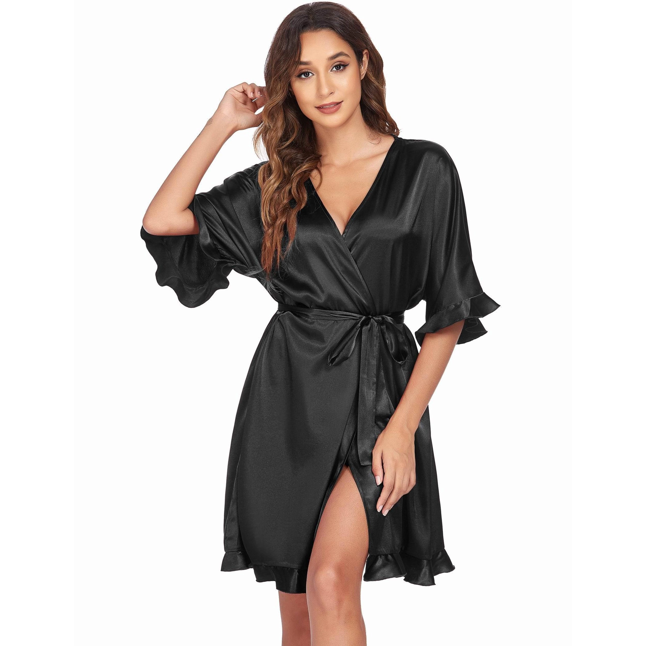Ekouaer Womens Silk Ruffle Robe Short Satin Kimono Half Sleeve Bathrobe Bridesmaid Wedding
