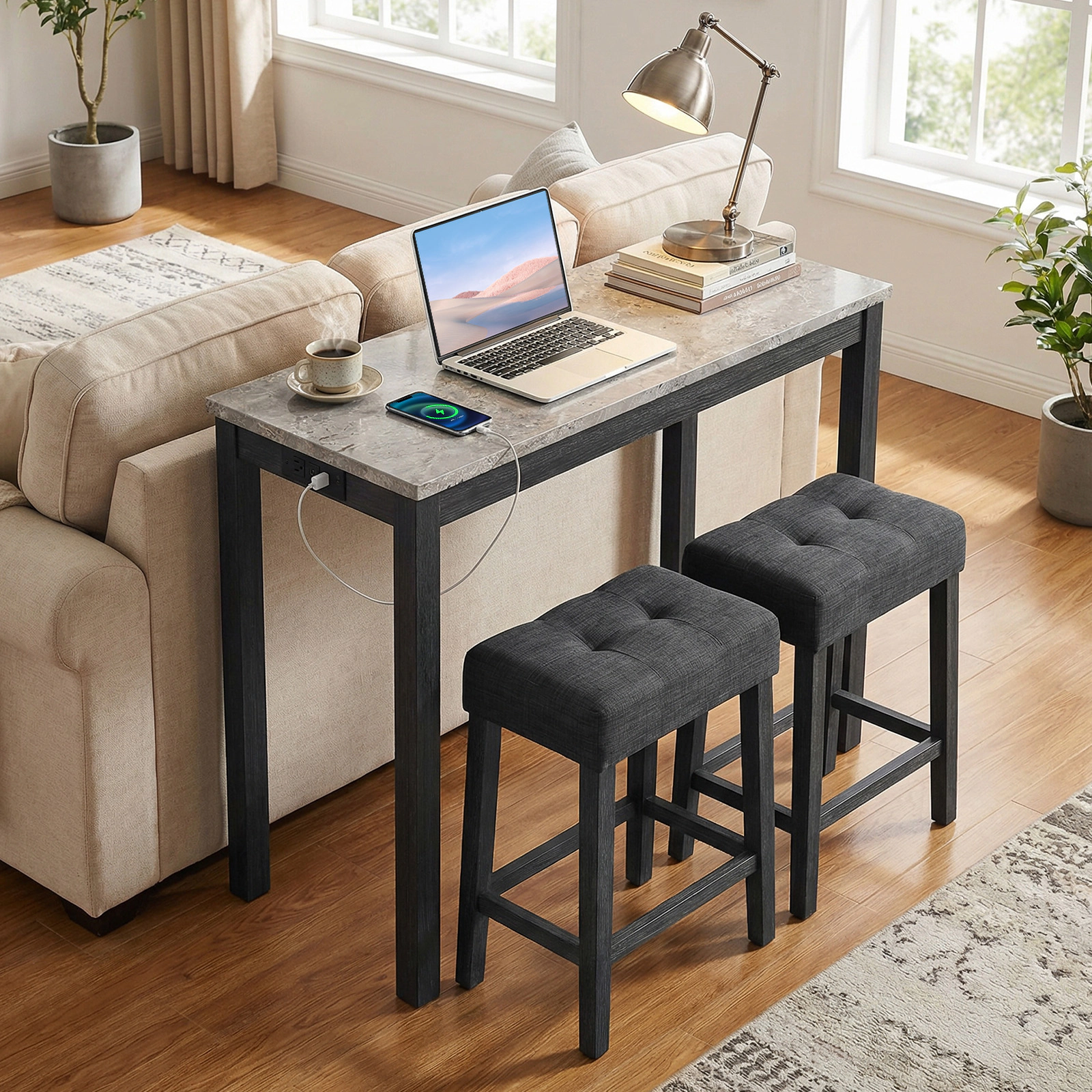 SUGIFT 3-Piece Counter-Height Bar Set with Faux Marble Top, Charging Station and Tufted Stools