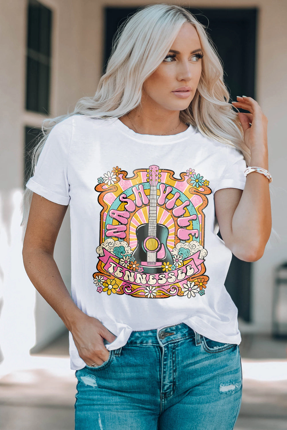 Threaded Pear Womens Evelynn Country Music Graphic T-Shirt - White, Loose Fit