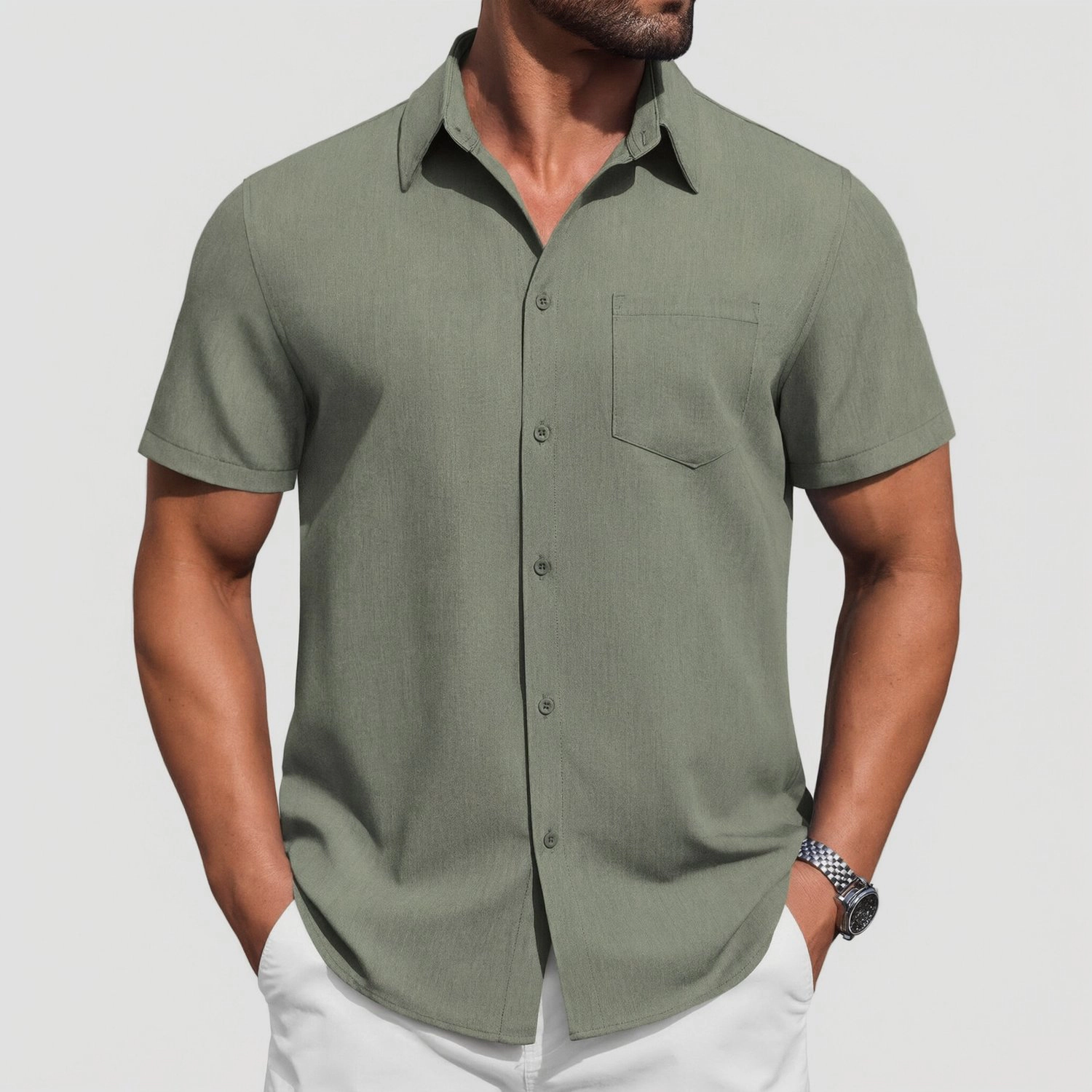 COOFANDY Mens Short Sleeve Button Down Shirt  Lapel Collar Pocket Casual Tops