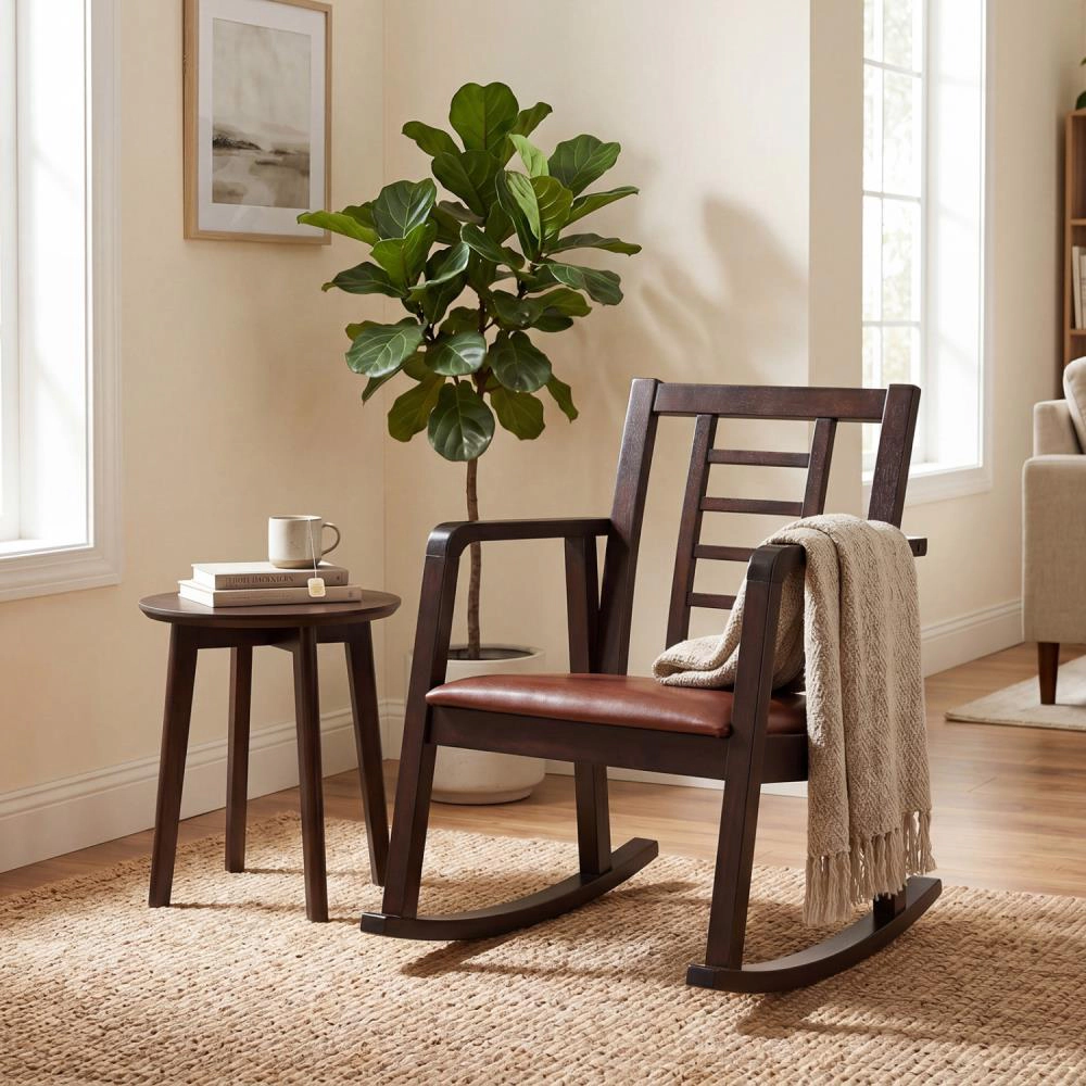 Hivvago Wooden Rocking Chair With Upholstered Seat And Ladder Back For Living Room