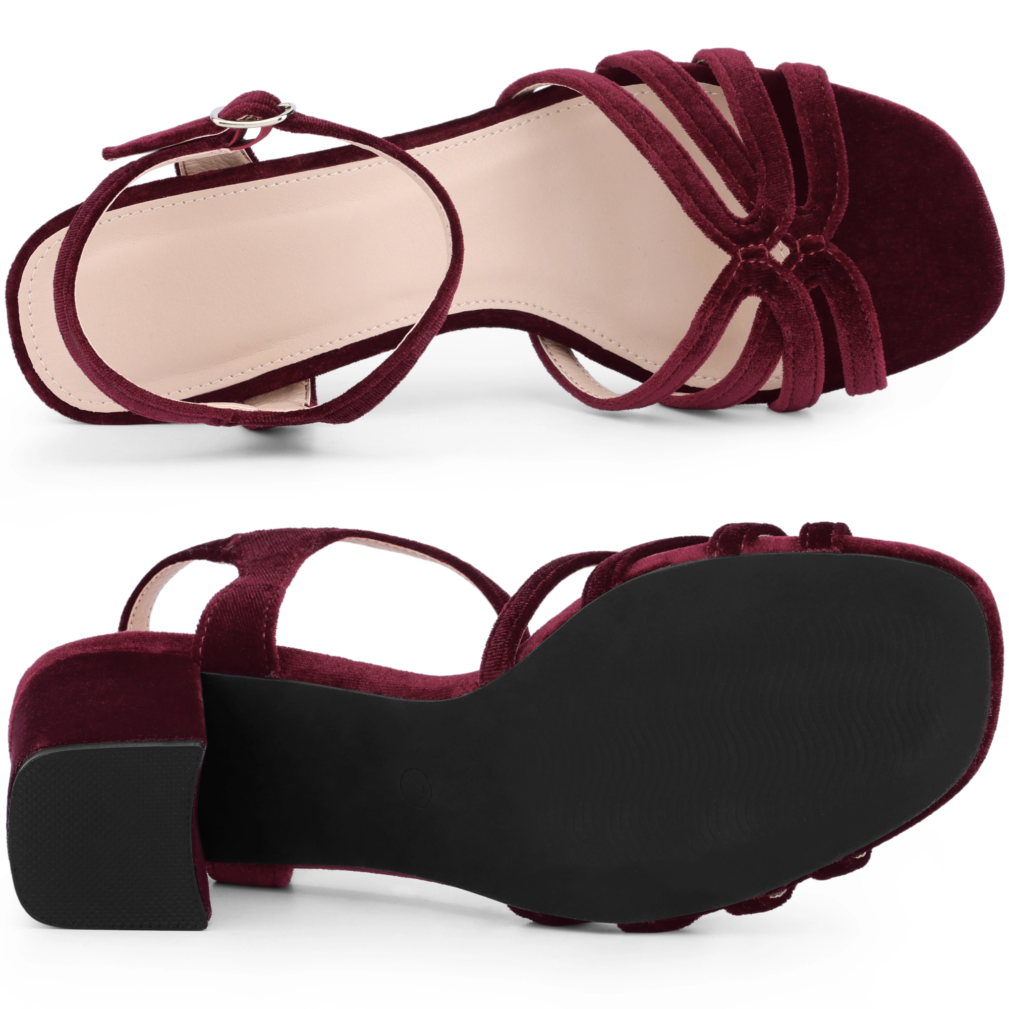 BLISSFUL STEP Women's Party Velvet Square Toe Slingback Chunky Heels Sandals