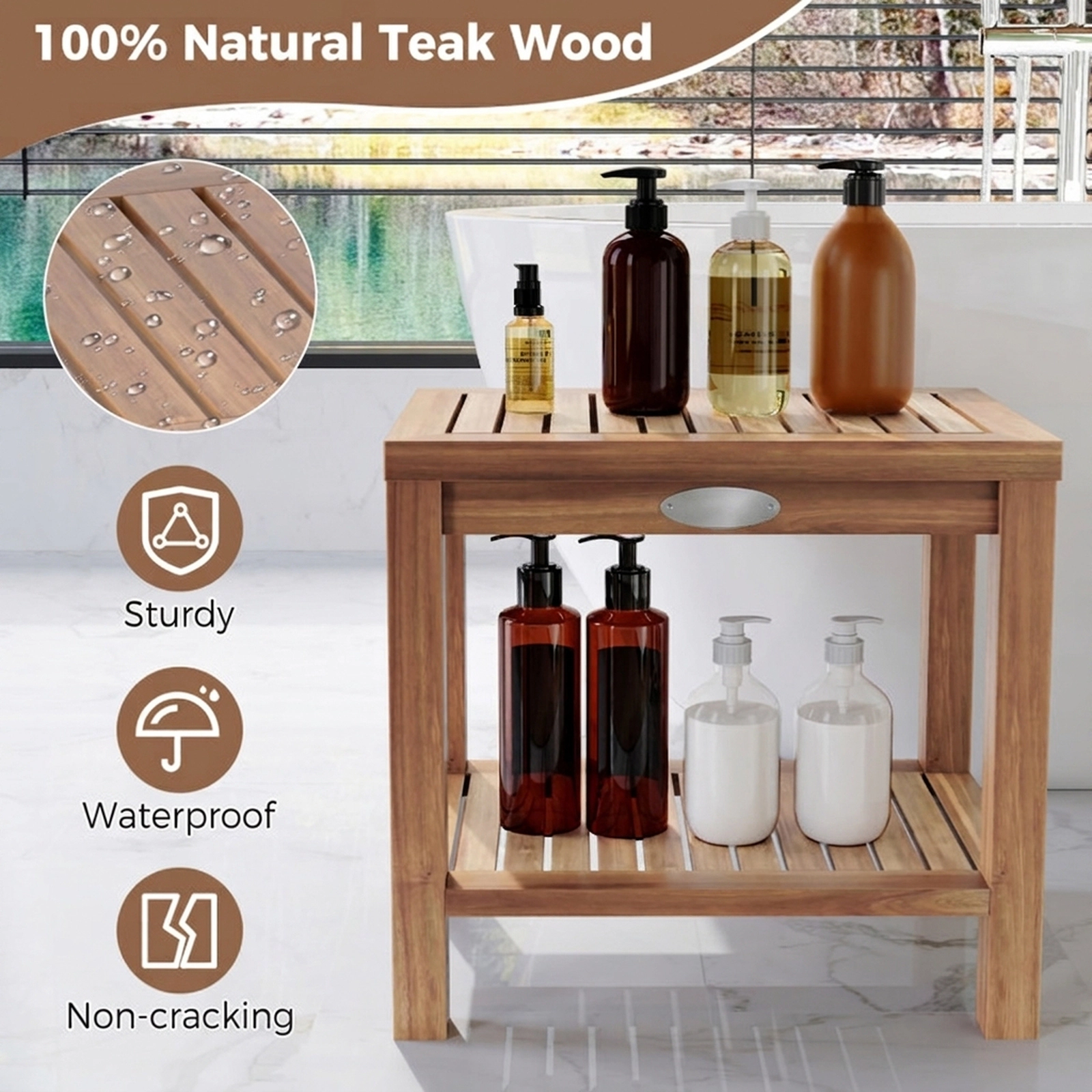 SUGIFT 2-Tier Compact Slatted Storage Shelf Teak Wood Shower Bench 19-in x 12.5-in 330-lb Capacity Natural
