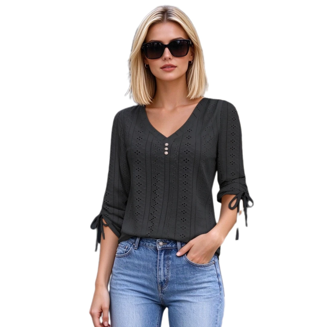 Coolmee Women's Jacquard Button V-Neck 3/4 Sleeve T-Shirt Top Summer