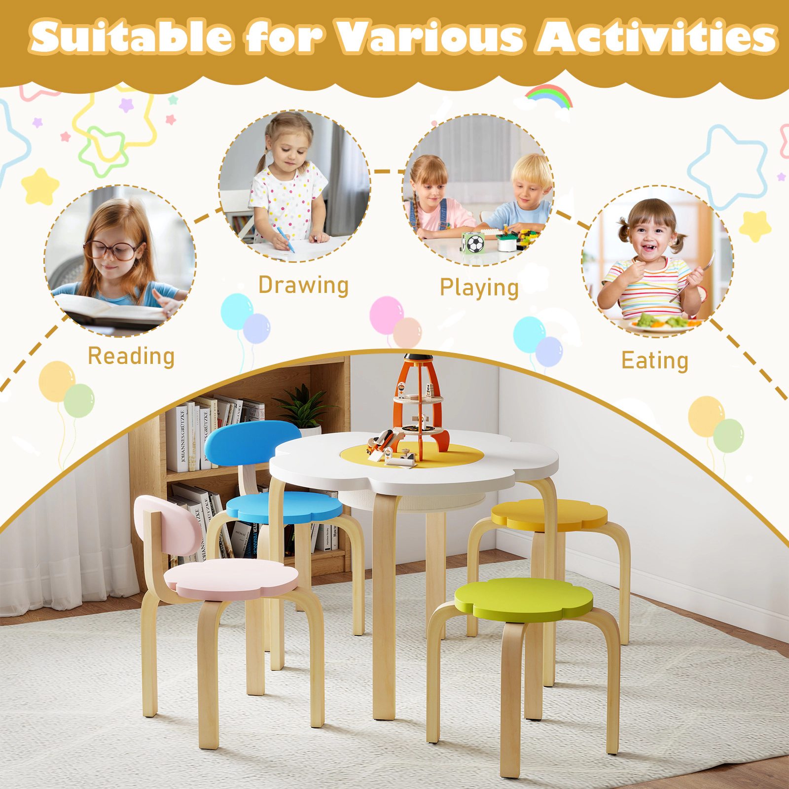 SUGIFT Flower-Shaped Wooden Children Play & Activity Table Set with 2 Chairs & 2 Stools 176-lb Tabletop Capacity Ages 3+