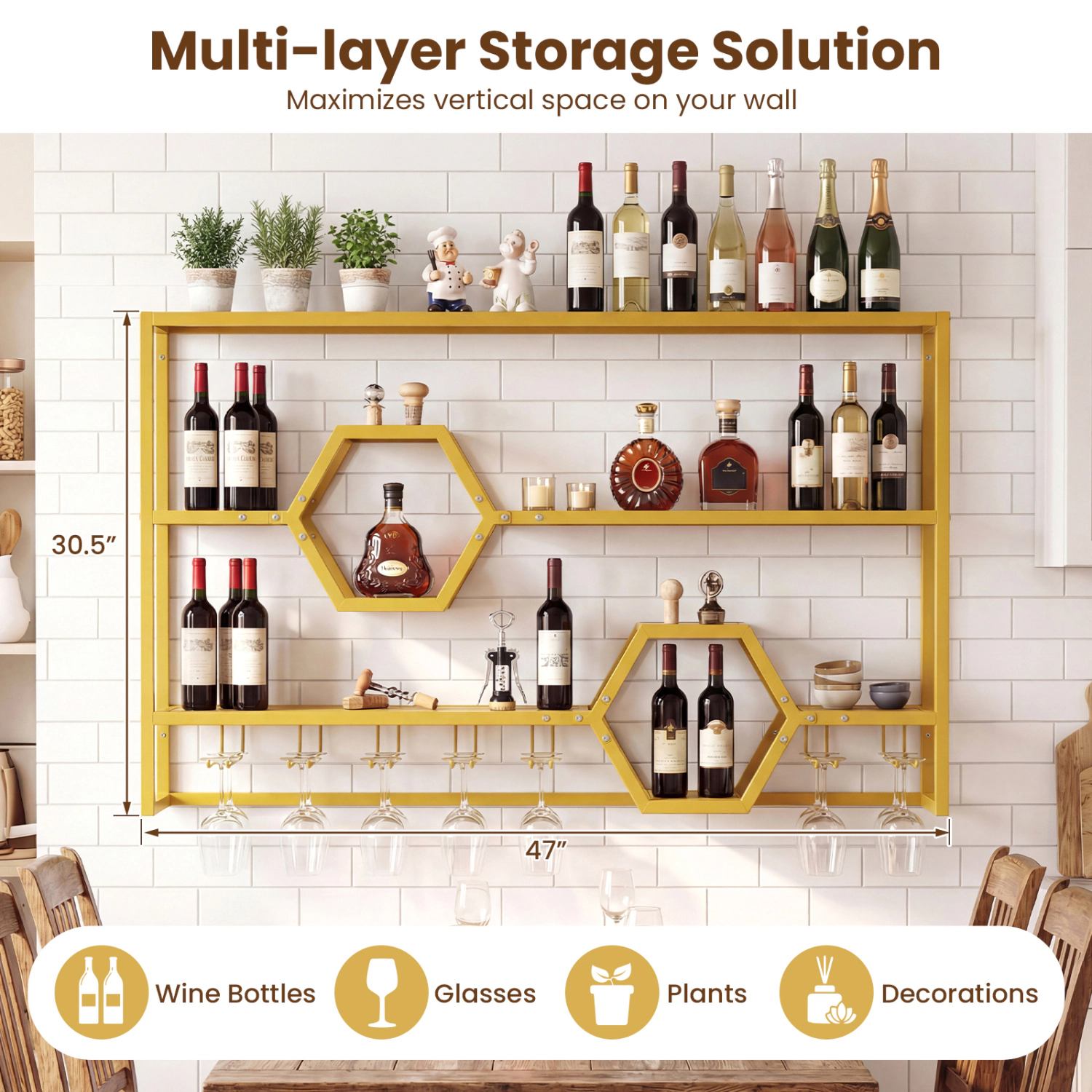 SUGIFT 47-in Wall Mounted Metal Wine Rack with 3 Shelves, Glass Holder and Honeycomb Cubbies 352-lb Capacity Black/Gold