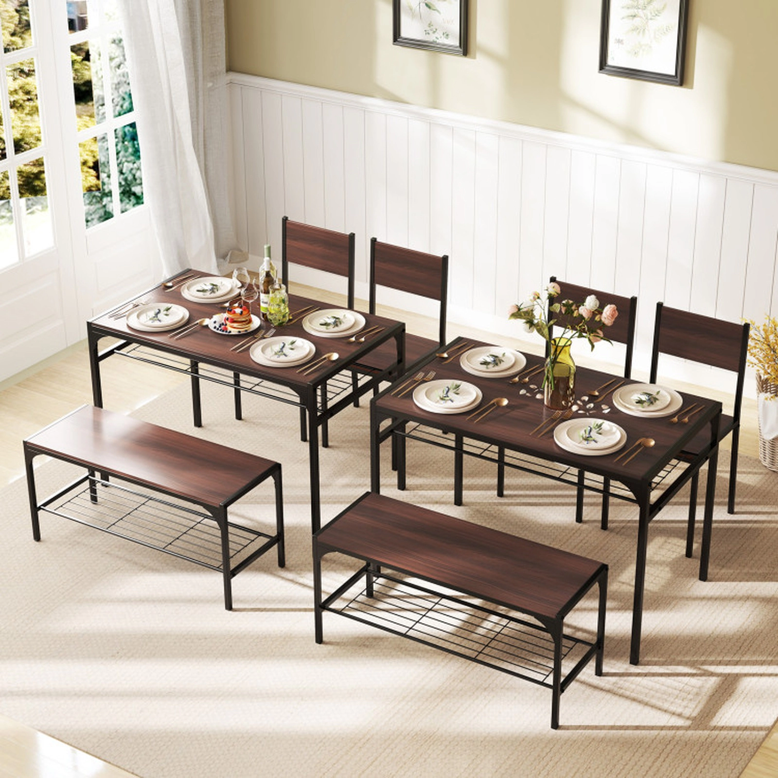 SUGIFT 4-Piece 43-Inch Industrial Dining Set with Table, Bench, 2 Chairs and Storage Shelves