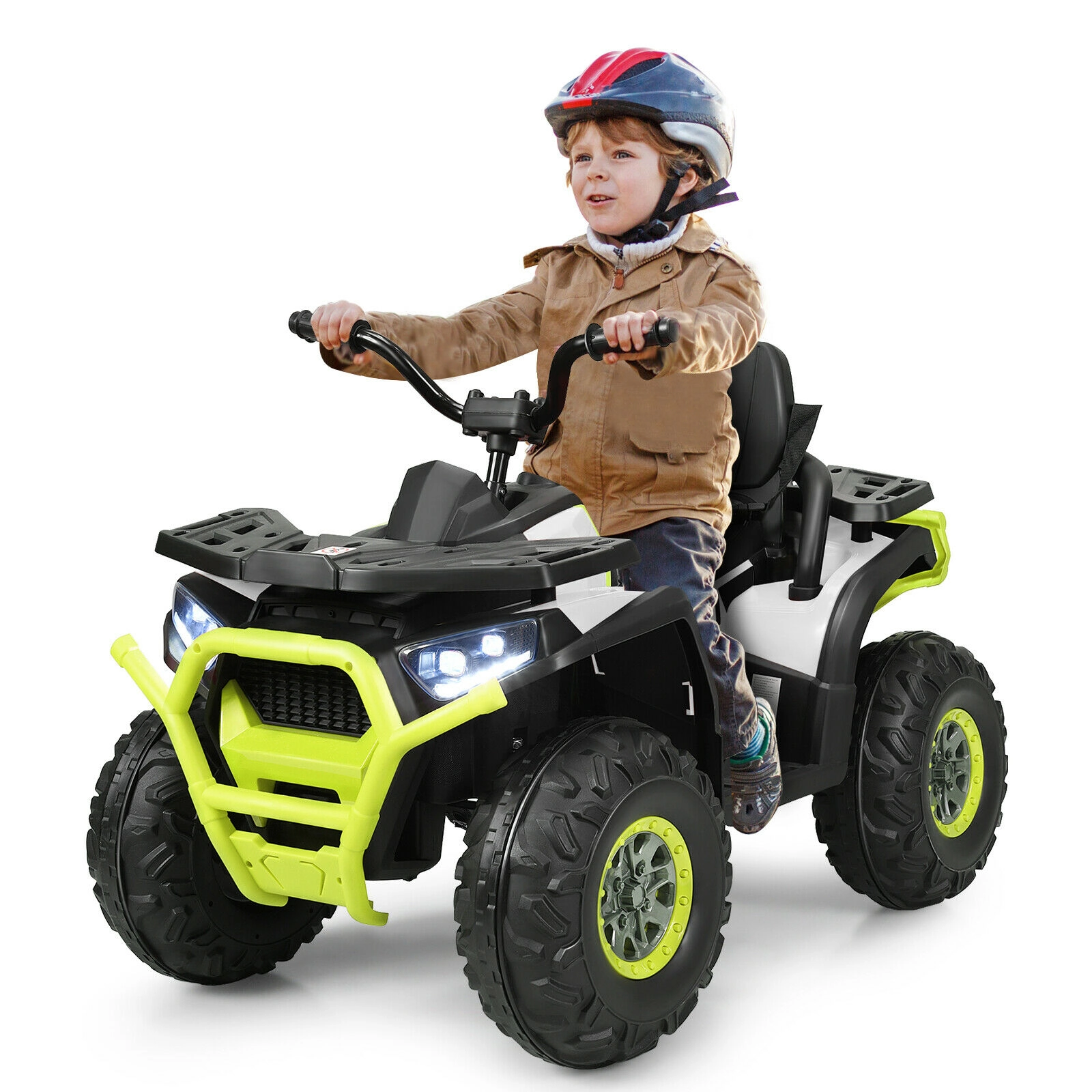 12V Kids ATV 4-Wheeler Quad Electric Ride On Car MP3 Player LED Lights High Low Speed and Safety Belt Ages 3+ White