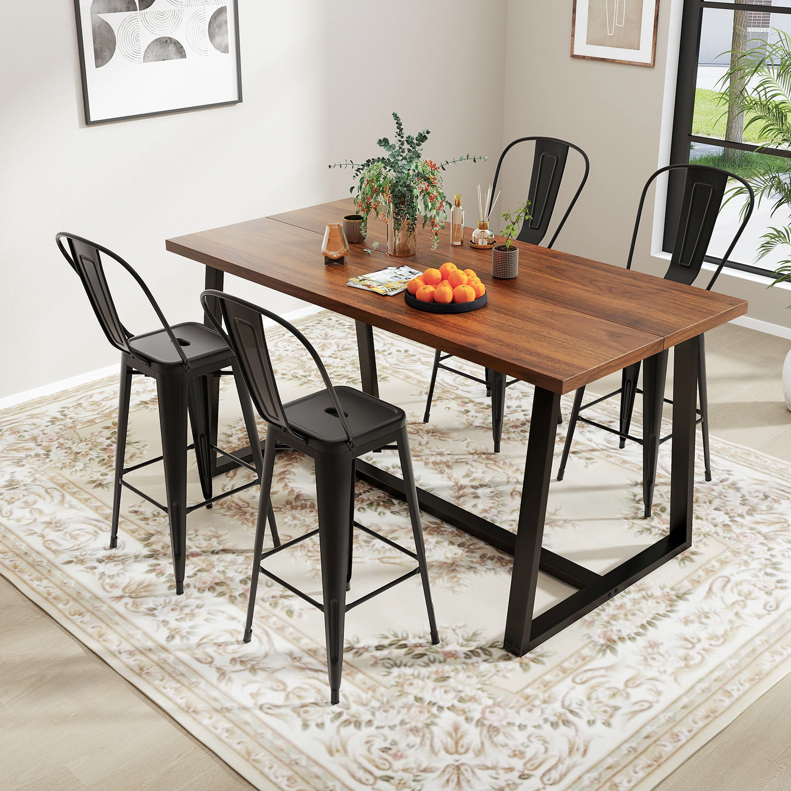 SUGIFT Set of 4 Black 30 in Bar-Height Metal Bar Stools with Removable Backrests