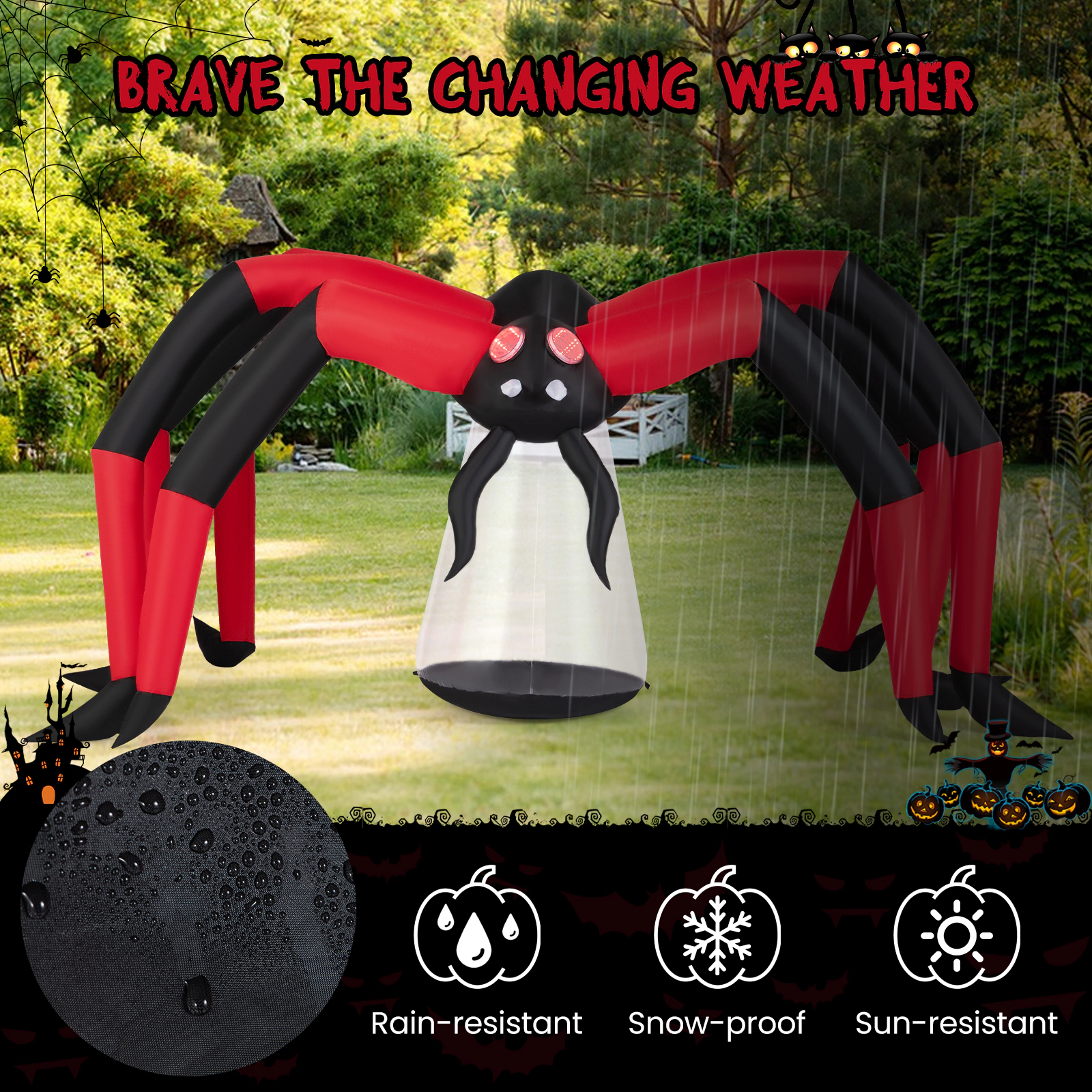 Glintex 10-Ft Span Halloween Inflatable Spider with Red Tunnel Eye Lights, Black