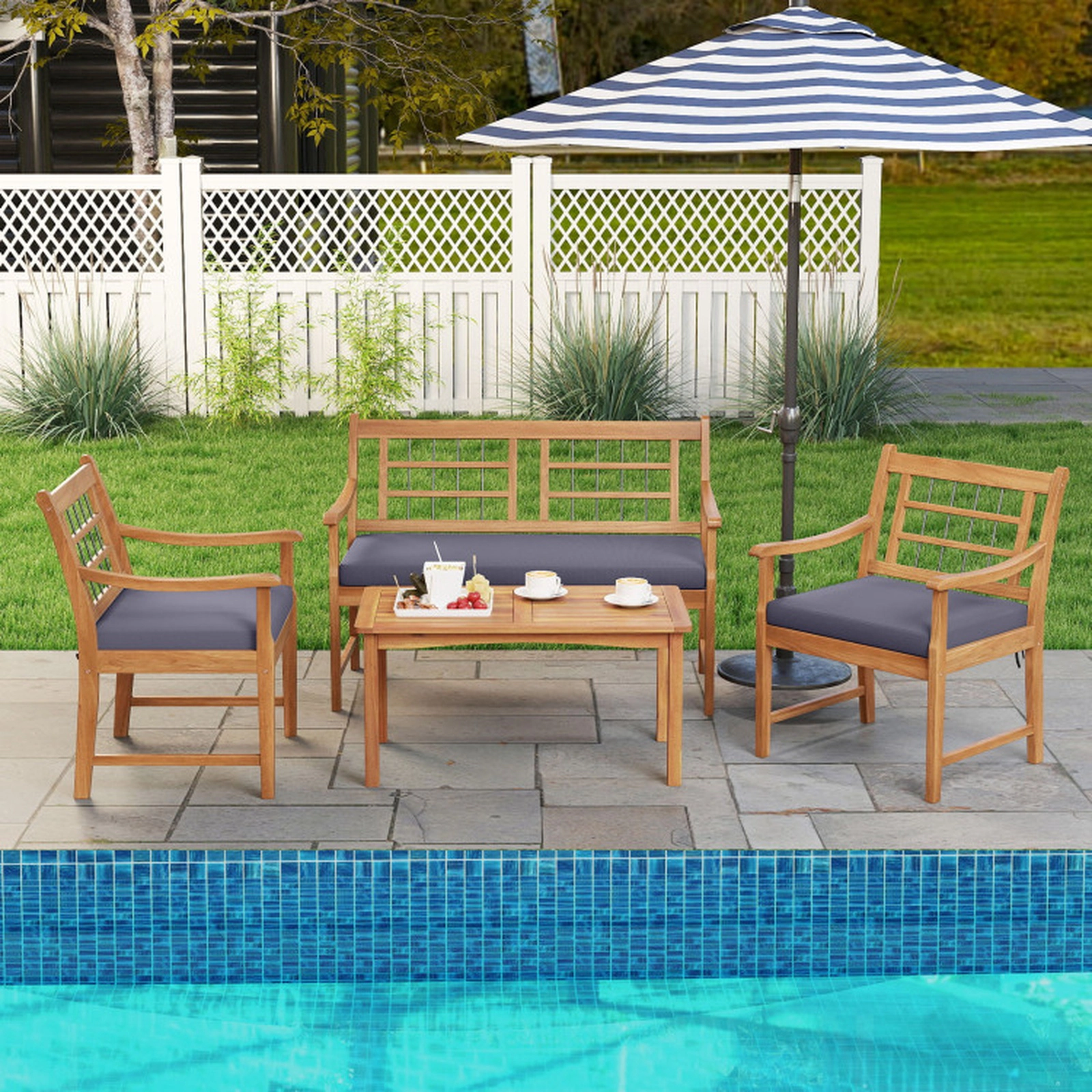 SUGIFT 4-Piece 800-lb Loveseat Capacity Acacia Wood Patio Furniture Set with 2 Armchairs and Coffee Table