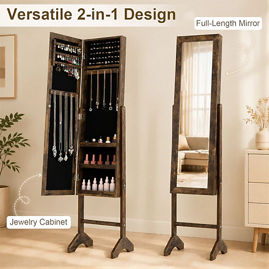 SUGIFT Freestanding Jewelry Armoire with Velvet Lining and Full Length 40-in Mirror Brown
