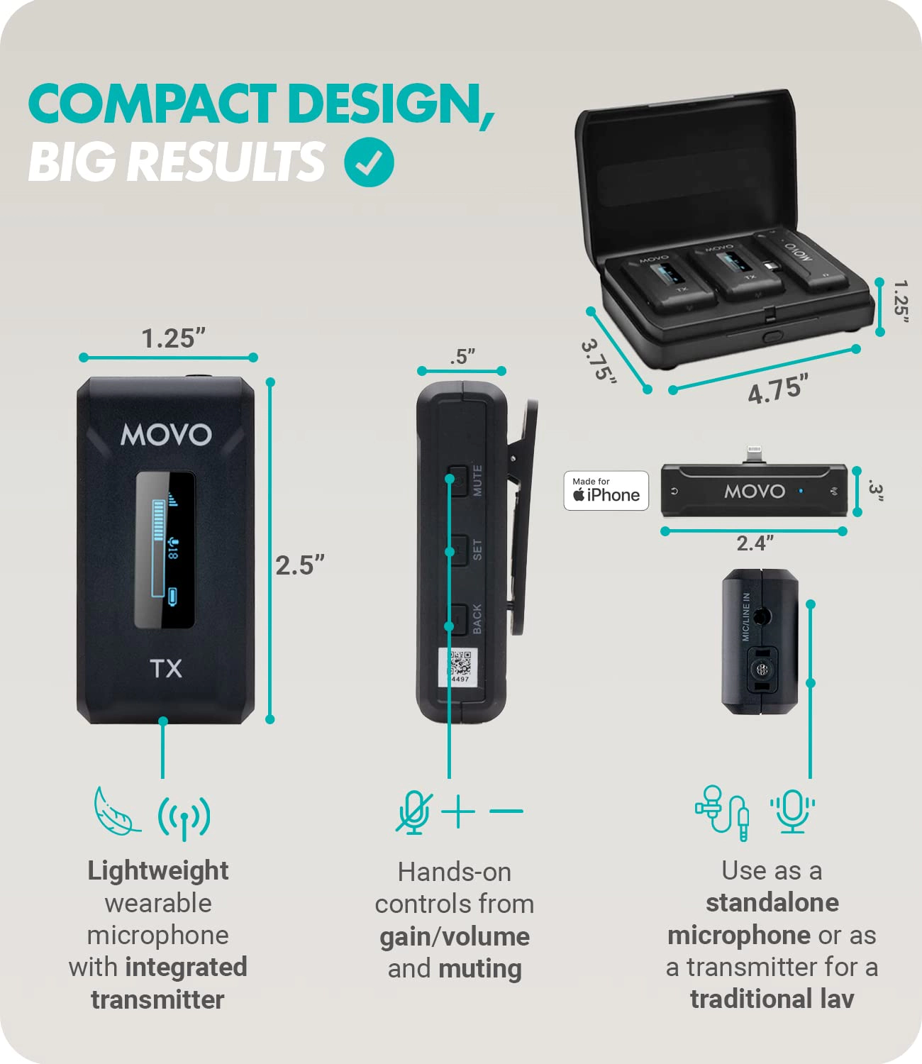 Movo WMX-2-L-DUO Dual Wireless Lavalier Microphone with Charging Case for iPhone 14 and below