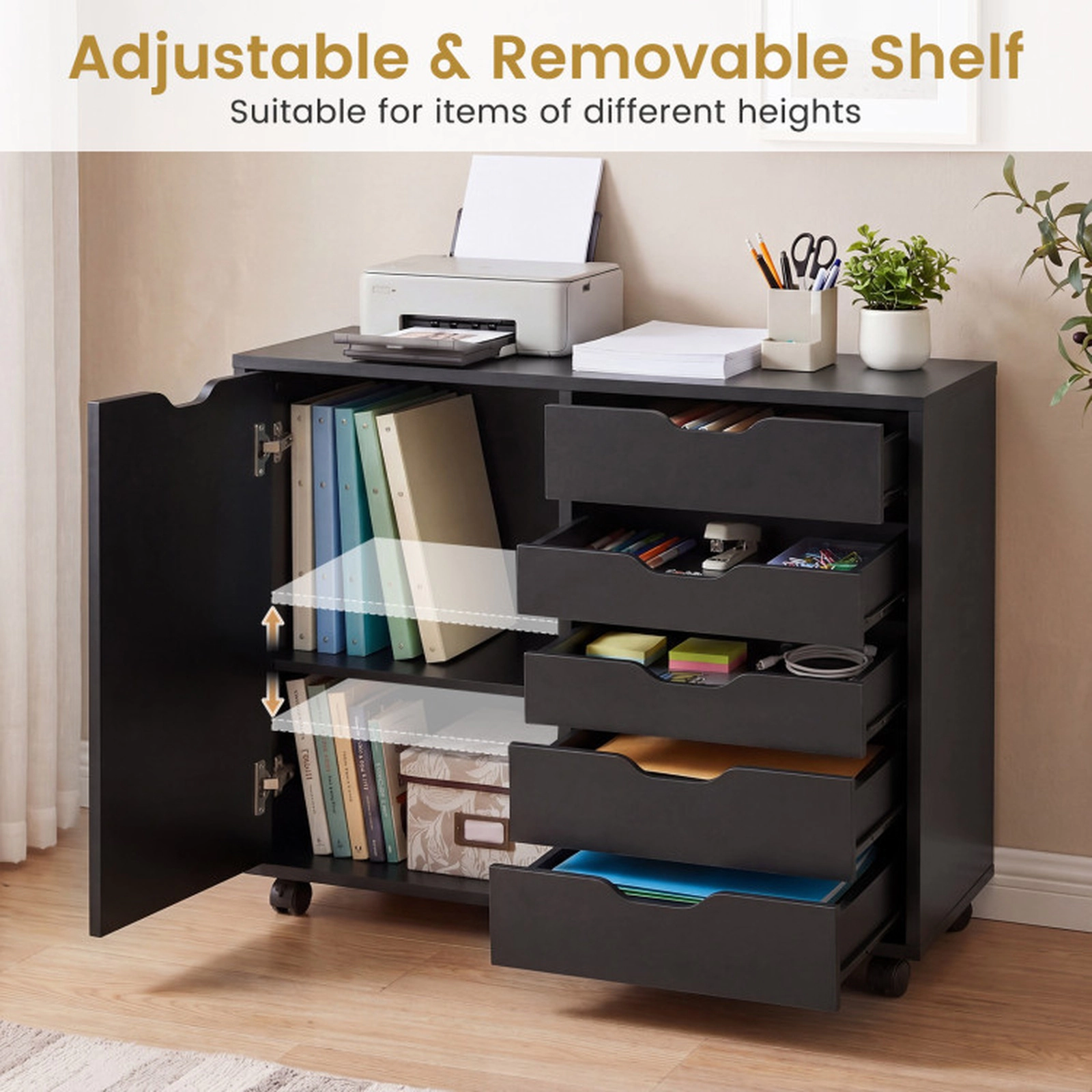 SUGIFT 5-Drawer Engineered Wood Storage Cabinet on Wheels with Adjustable Shelf 31 x 16 x 26 in Black