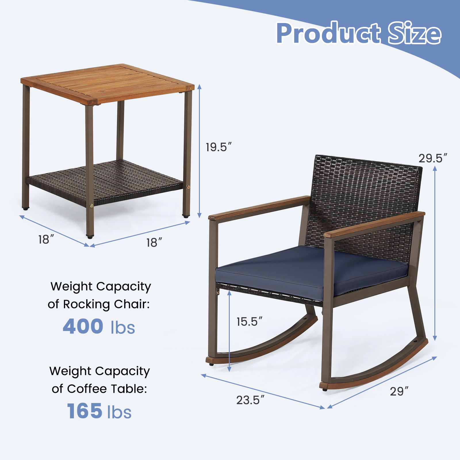 SUGIFT 3-Piece Outdoor Rattan Rocking Chair Bistro Set with 2-Tier Acacia Wood Table