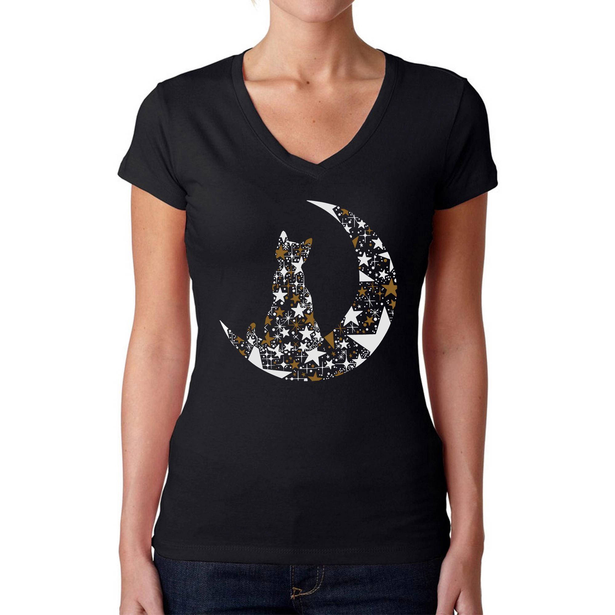 LA Pop Art Womens Word V-Neck T-Shirt - Cat Sitting On Moon