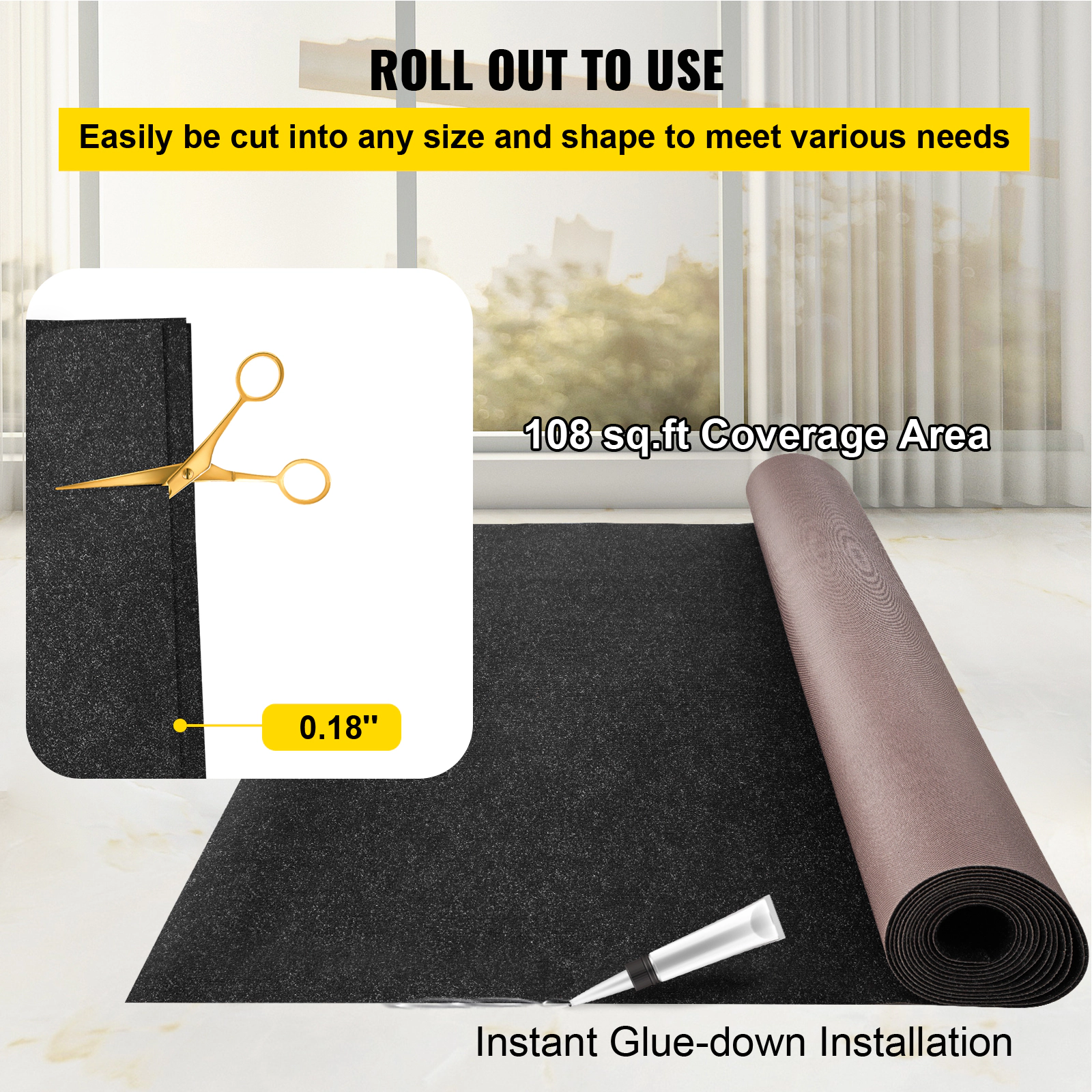 HONGGE Boat Carpet 6 ft Marine Carpet for Boats Waterproof Black Indoor Outdoor Carpet with Marine Backing Anti-Slide