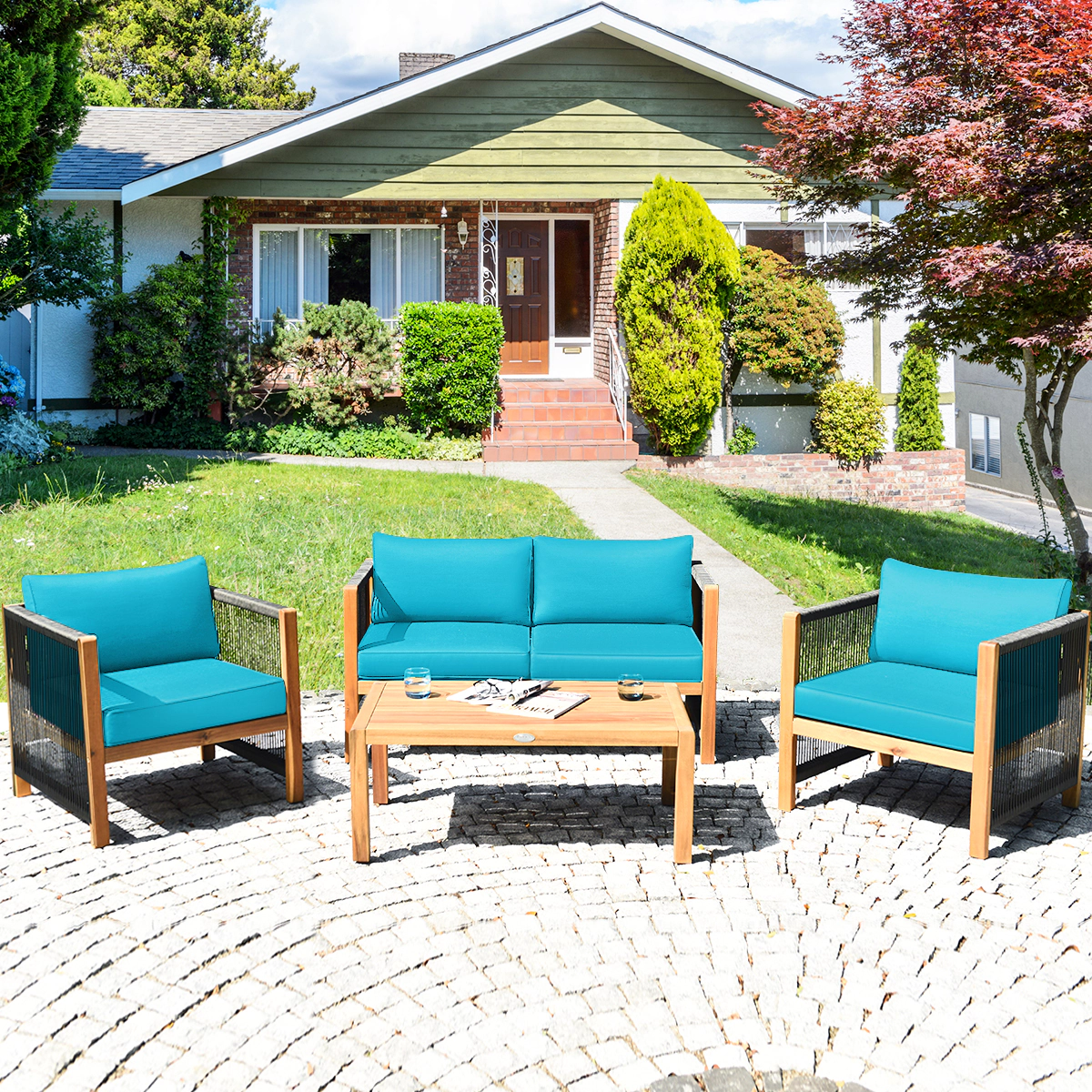 LJG 4 Pieces Wood Outdoor Patio Furniture Set with Cushions for Garden